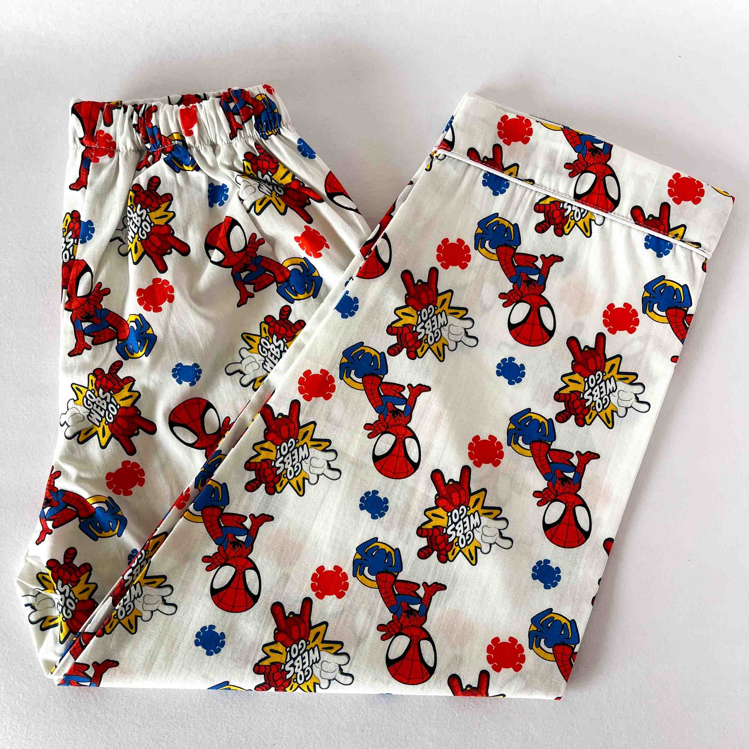 Spider-Man pajama pants on a white background