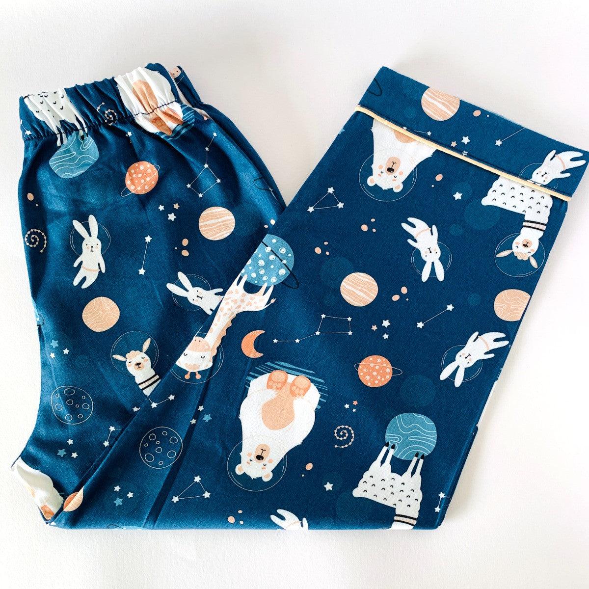 Kids dark blue astronaut bear print cotton night suit pants with elastic waistband soft breathable sleepwear bottom for boys and girls