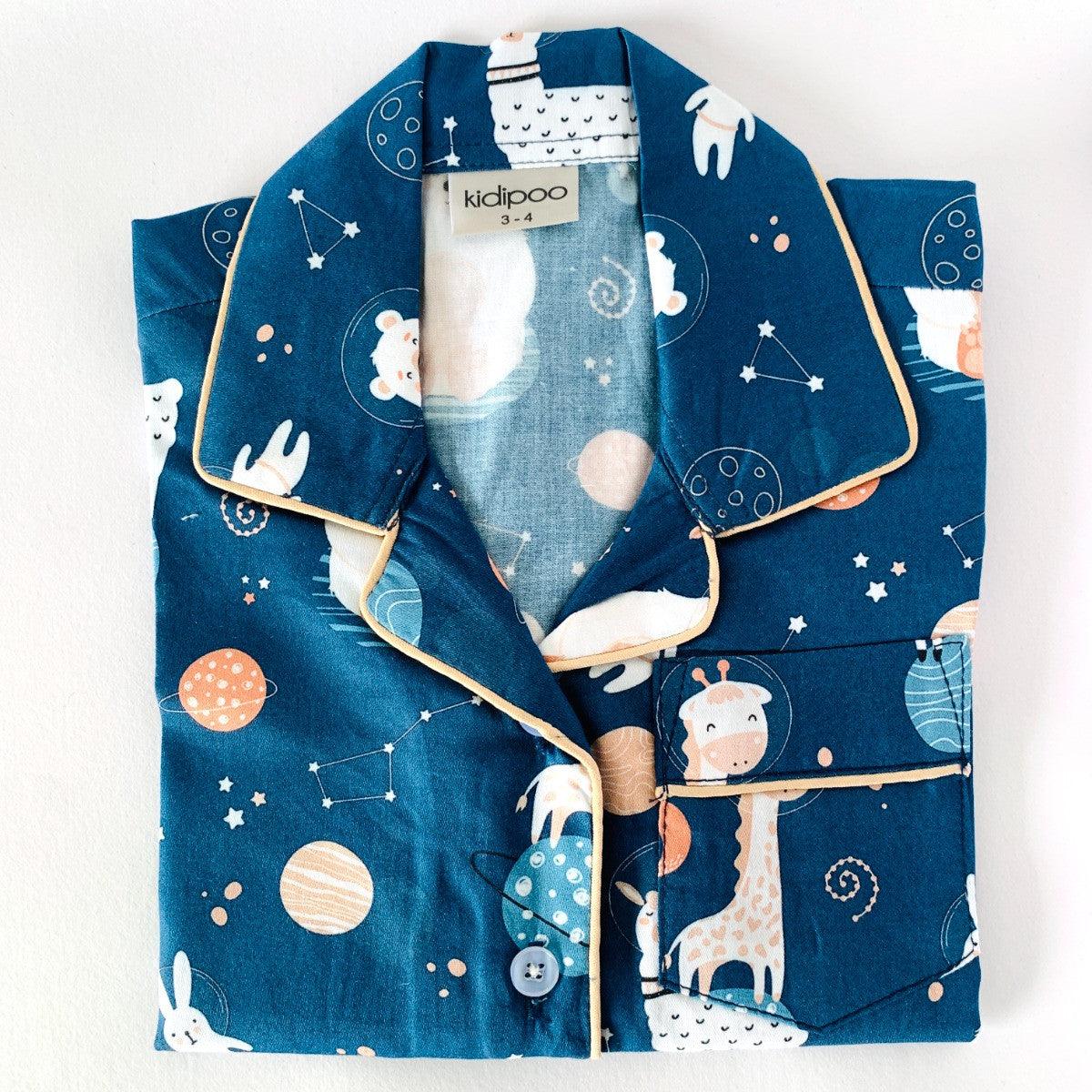Kids dark blue astronaut bear print cotton night suit shirt with long sleeves button-down front and pocket soft breathable sleepwear top for boys and girls