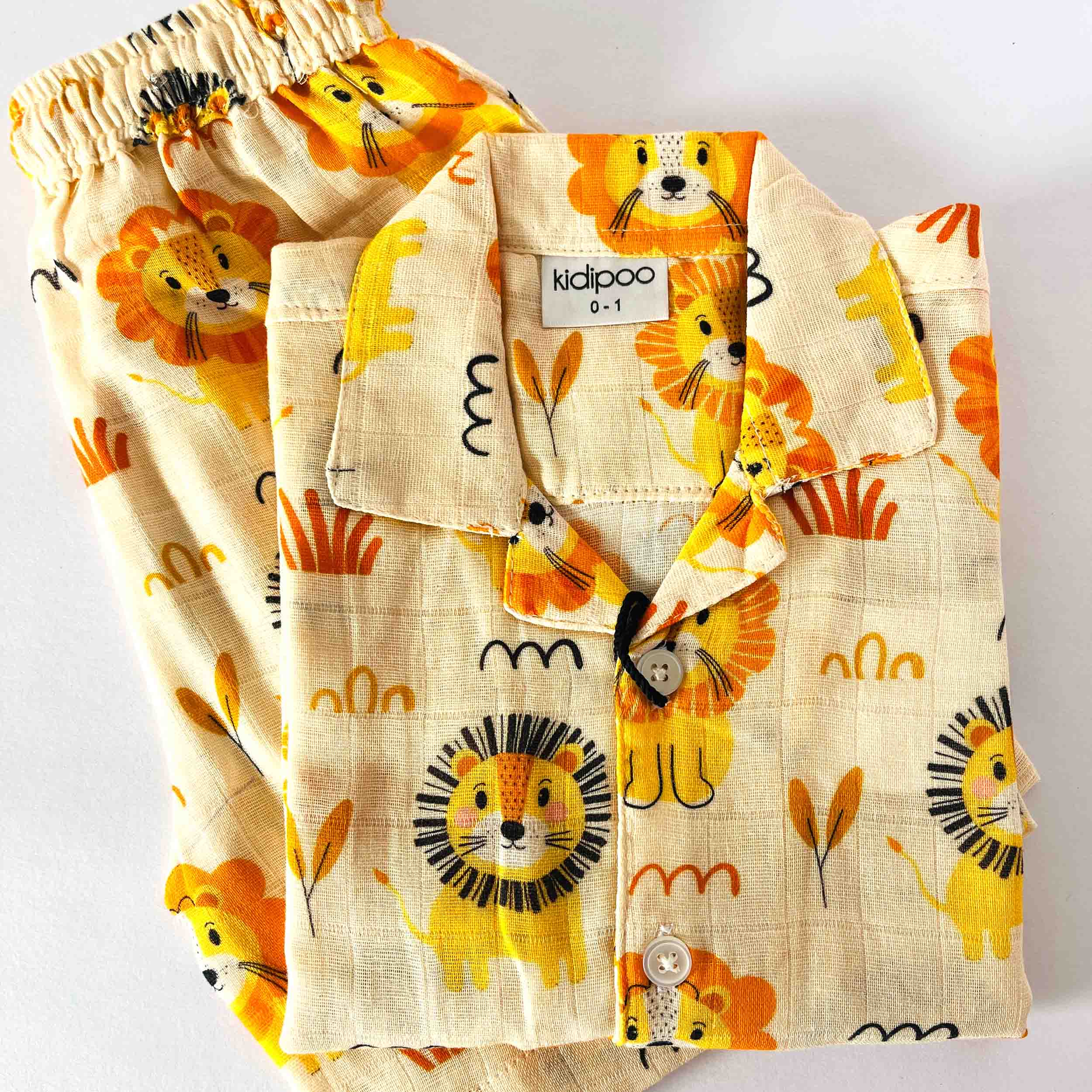 Kids muslin cotton coord set with lion print shirt and shorts