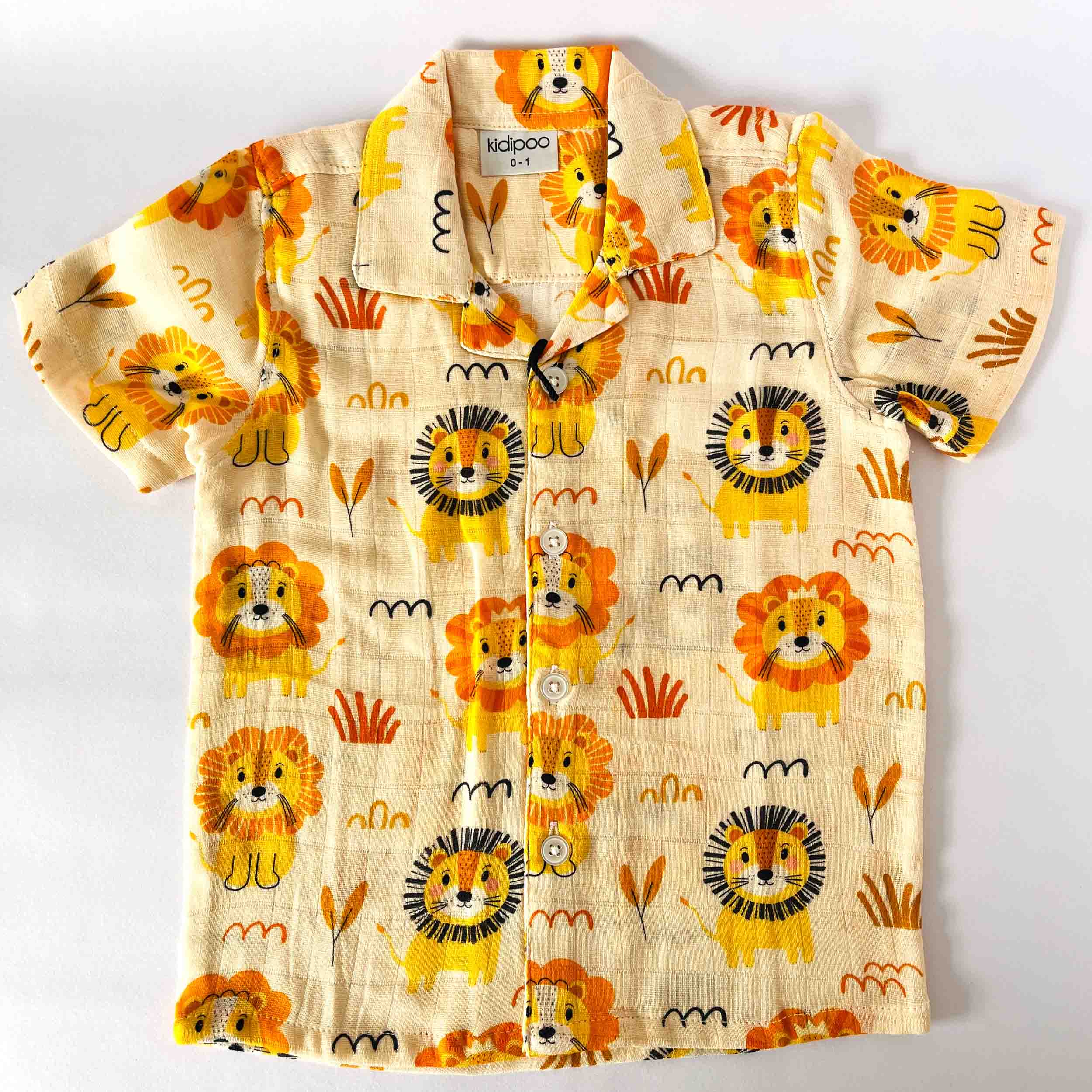 Kids muslin cotton shirt with multicolor lion print, soft breathable fabric