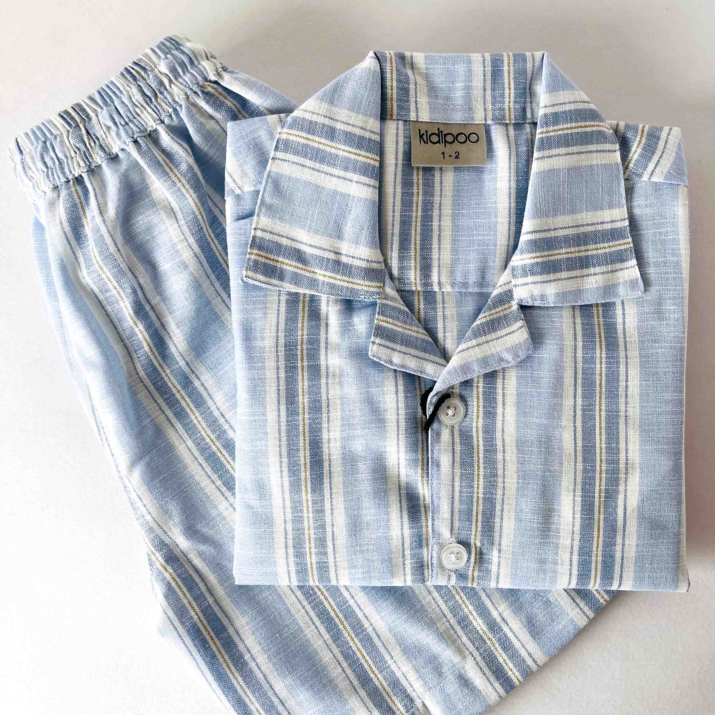 Kids blue stripes cotton coord set with short sleeve shirt and elastic waist shorts breathable summer outfit for boys and girls