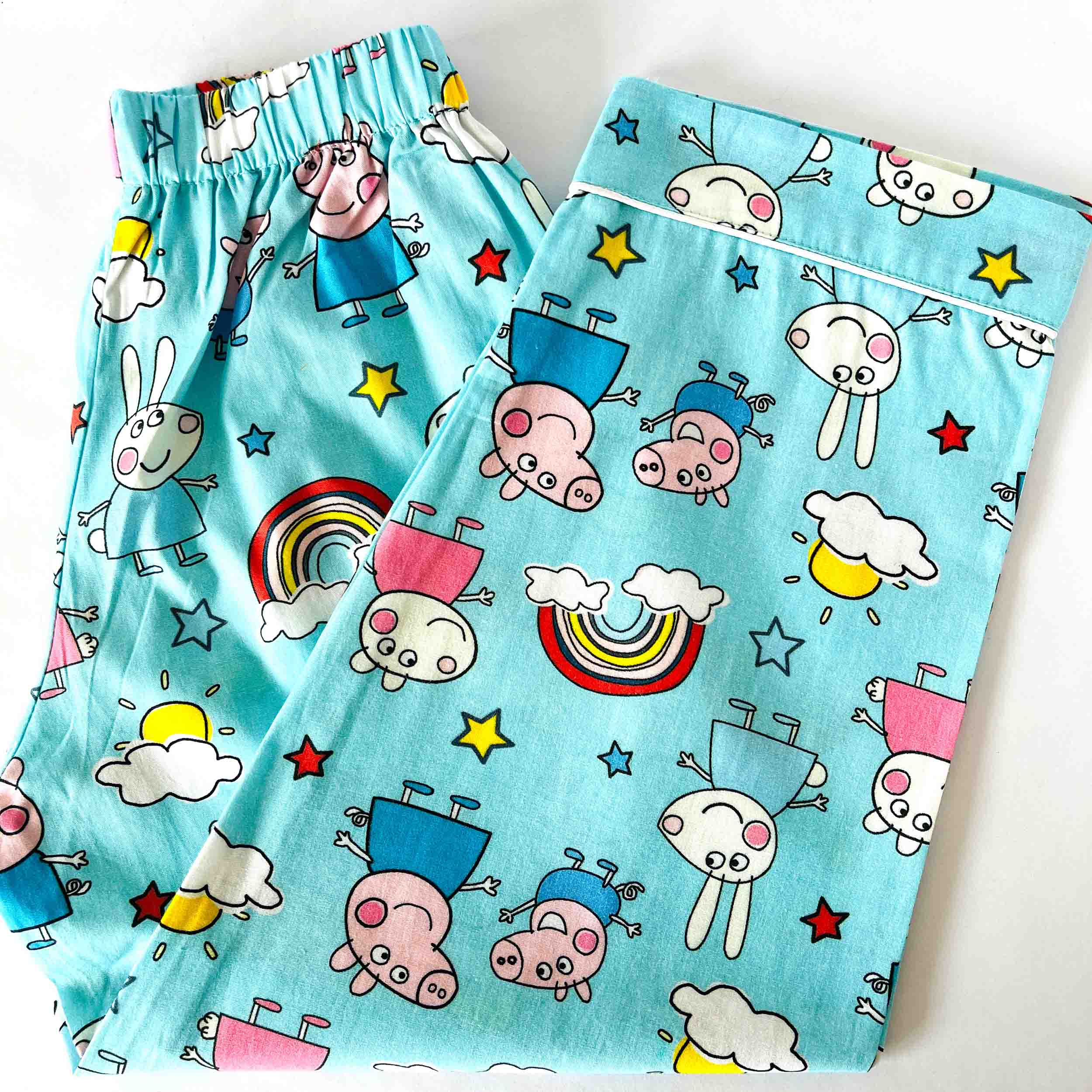 Kids blue cotton pajama pants with elastic waist cartoon Peppa pig and rainbow print