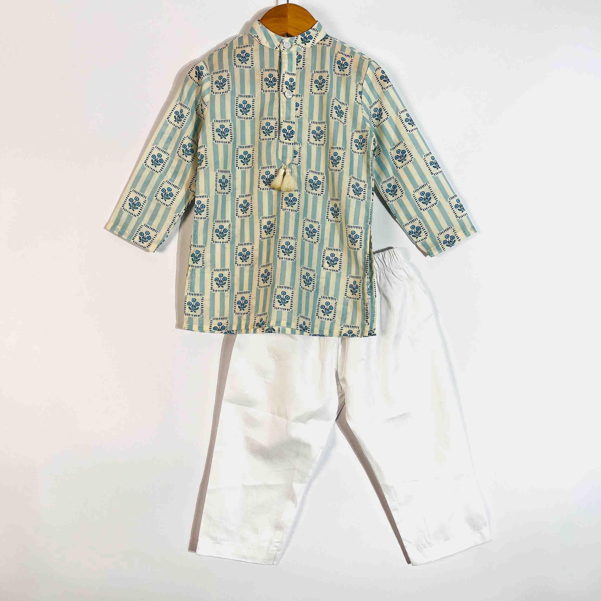 Kids blue printed cotton kurta with white pajama set, full sleeves, mandarin collar, traditional ethnic wear