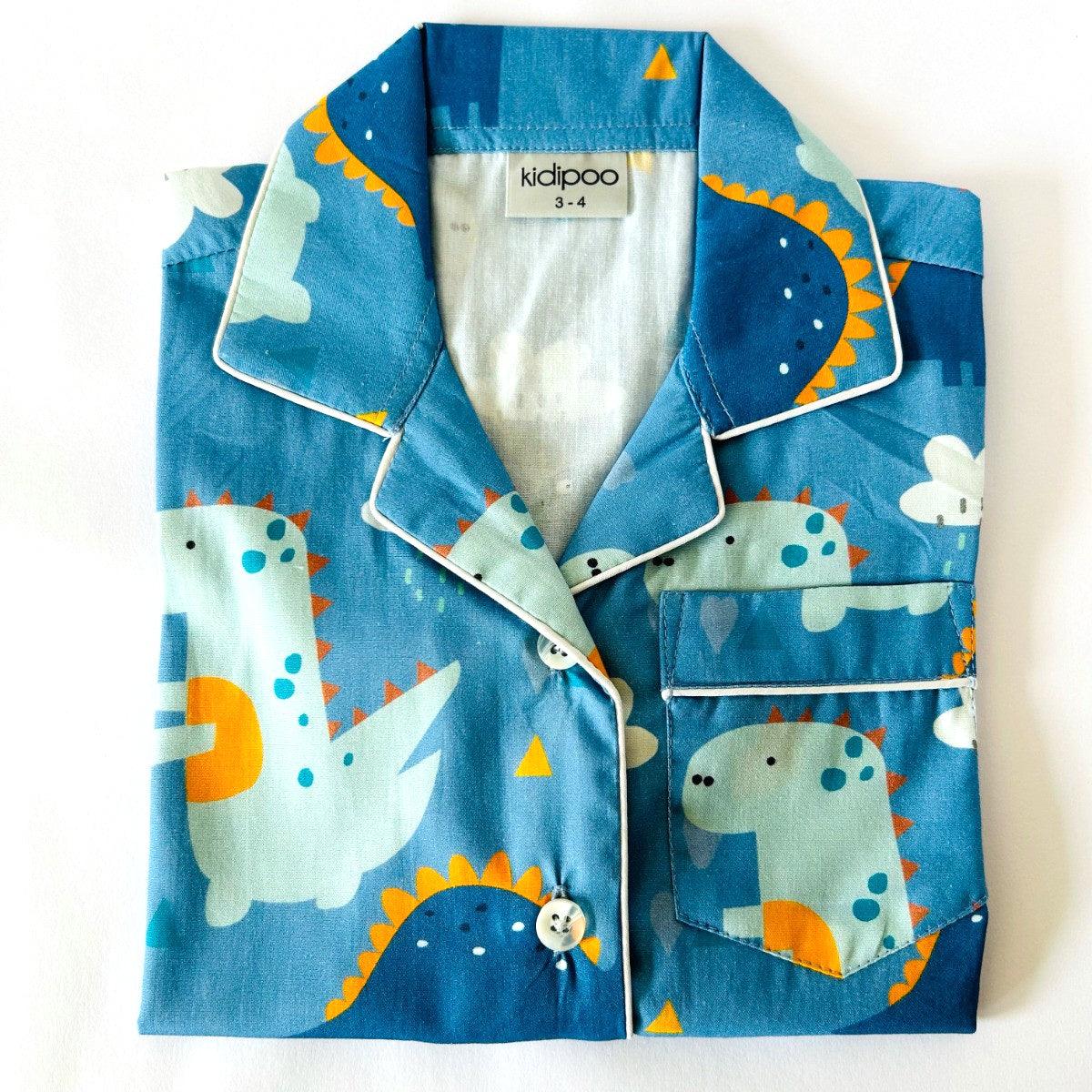 Blue cotton kids night suit with dinosaur print long sleeve shirt and matching pajama soft breathable sleepwear set for boys and girls
