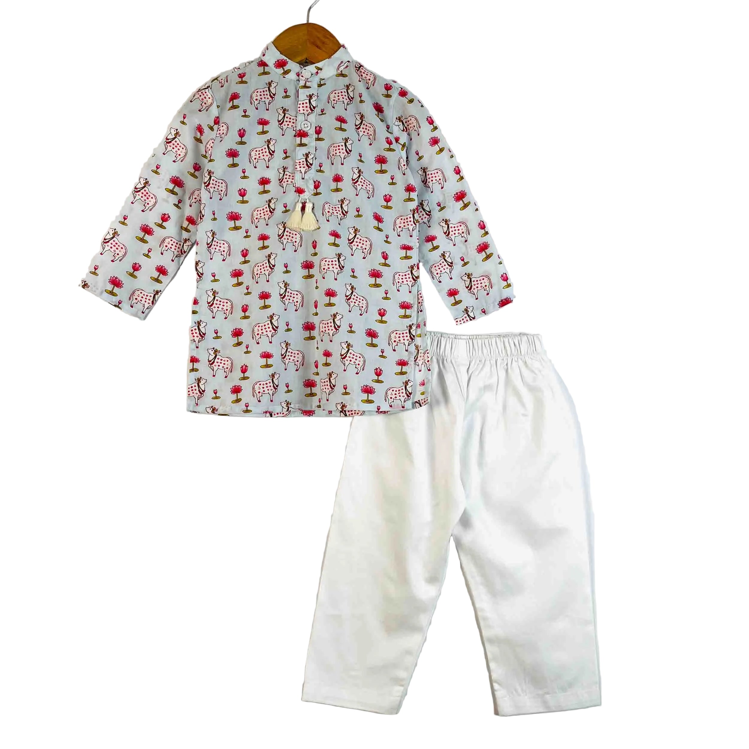 Boys Blue Pichwai printed cotton kurta and pajama set with full sleeves and mandarin collar