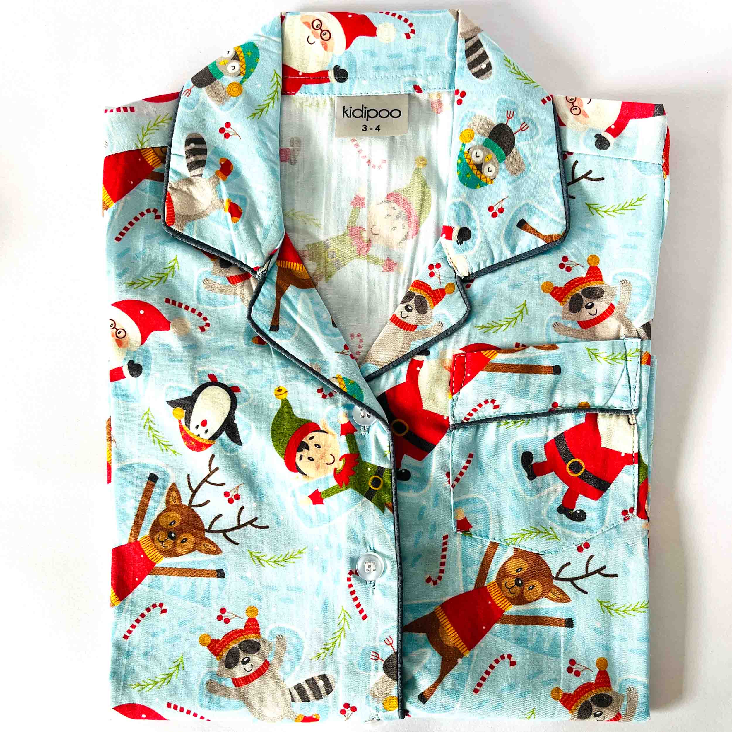 Kids blue Santa print night suit shirt front view soft cotton sleepwear top