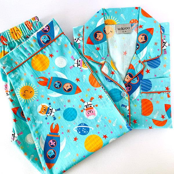 Kidipoo kids space print cotton night suit set with front button shirt and pajama planets astronaut soft sleepwear