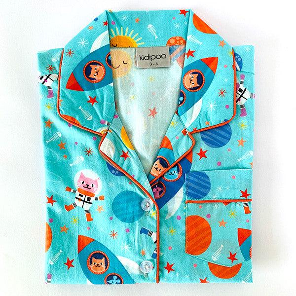 Kidipoo kids space print cotton night suit shirt front button planets astronaut sleepwear top
