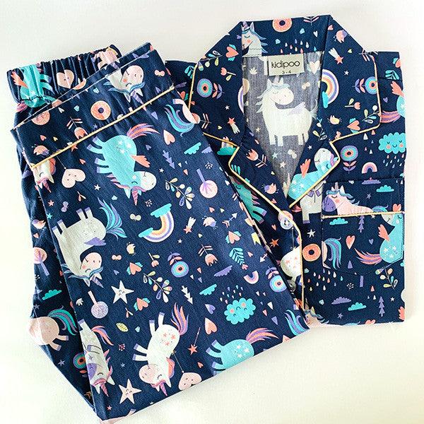 Blue unicorn print kids night suit soft cotton sleepwear set folded view