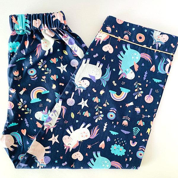 Kids blue unicorn print pajama elastic waist cotton nightwear bottom