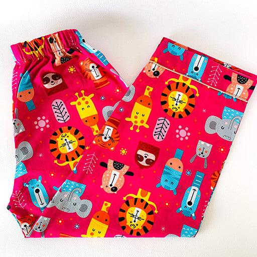 Kids pink circus animals cotton night suit Pant with elephant tiger giraffe print, soft breathable button-down sleepwear top for boys and girls