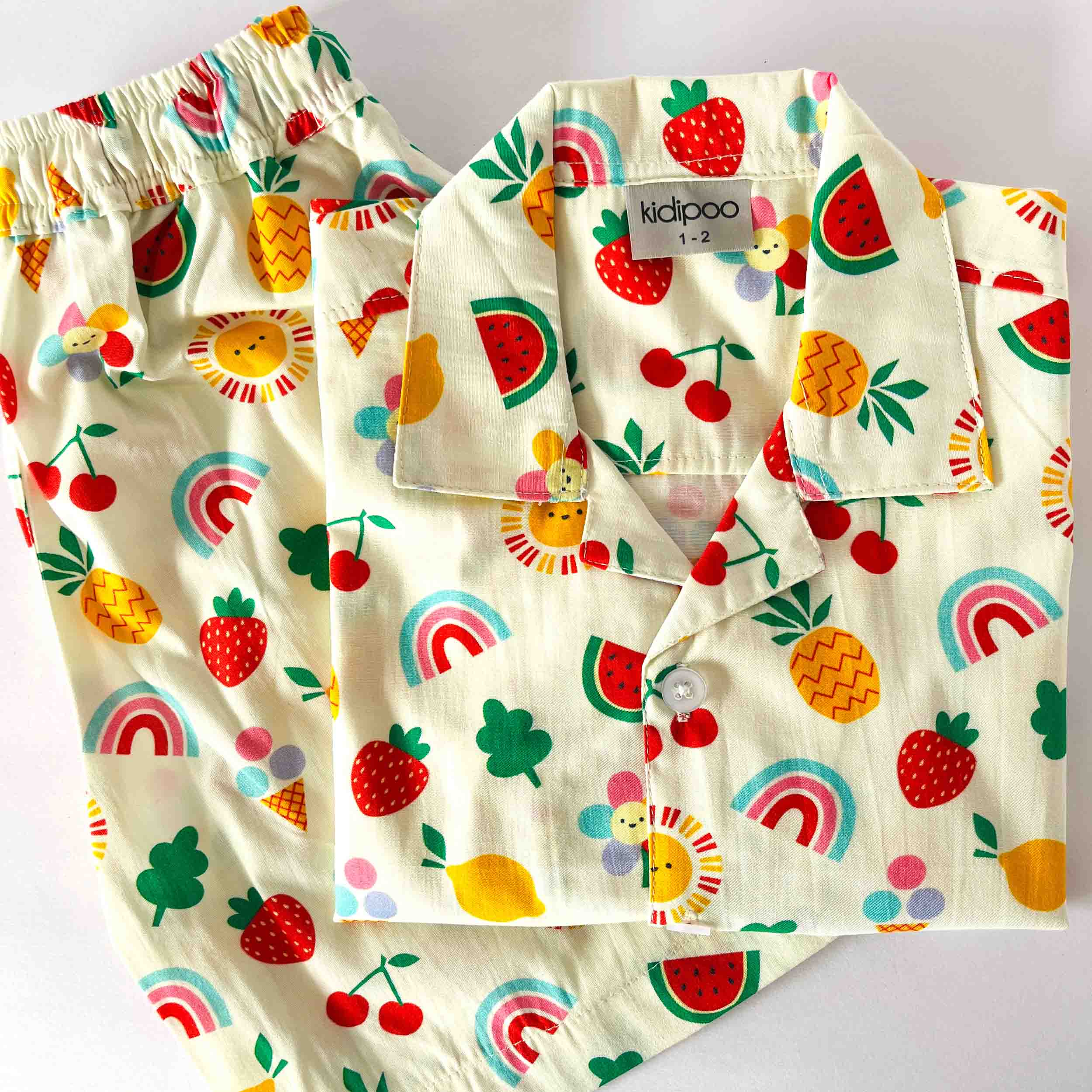 Kids colorful fruits print coord set shirt and shorts cotton summer outfit