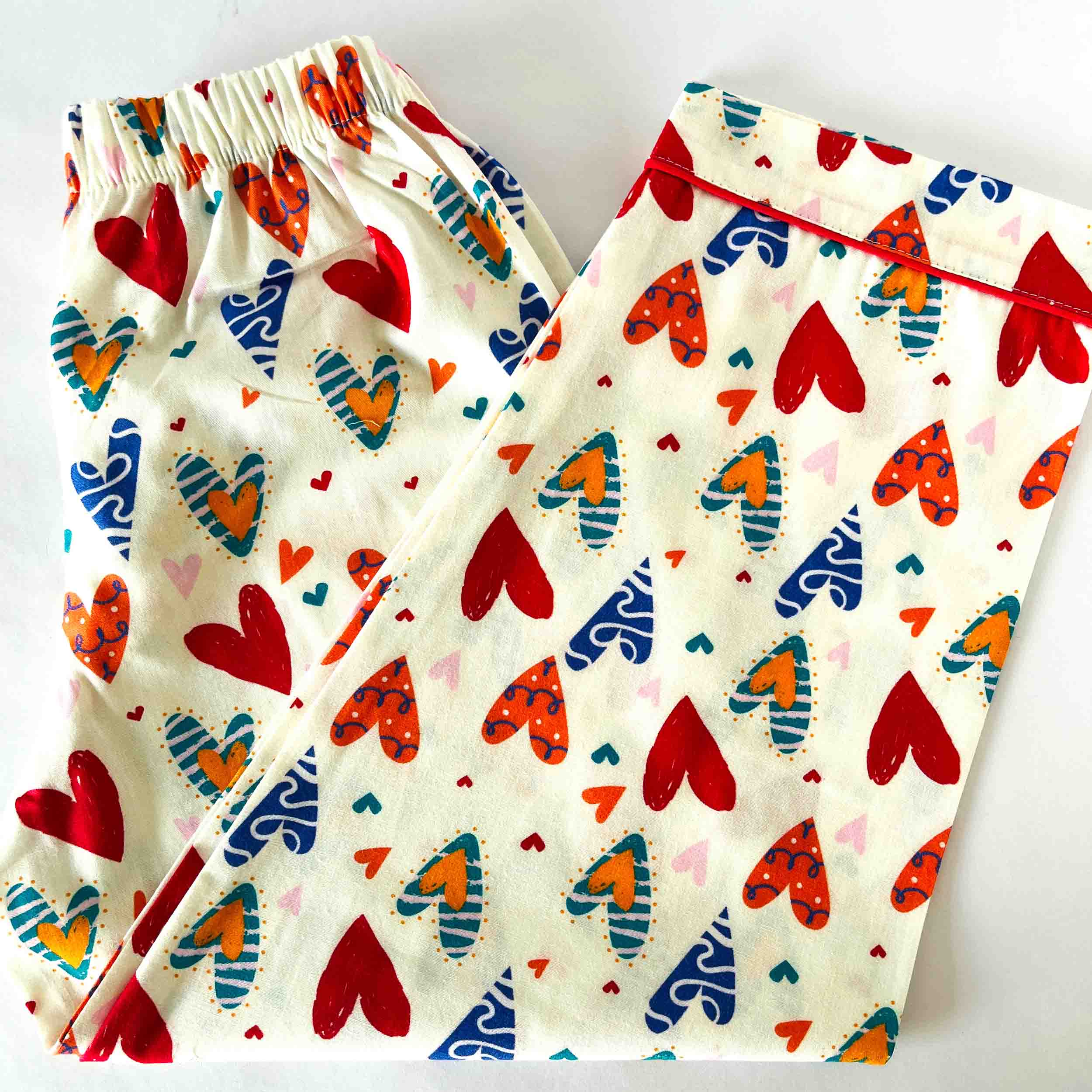Kids white cotton pajama pants with elastic waist colorful hearts print soft breathable comfortable nightwear