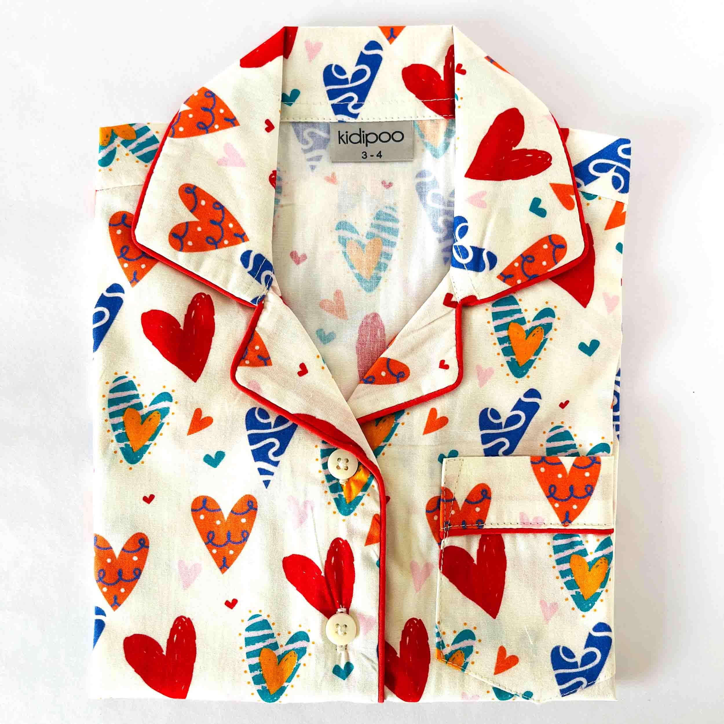 Kids white cotton night suit shirt with colorful hearts print soft breathable comfortable sleepwear