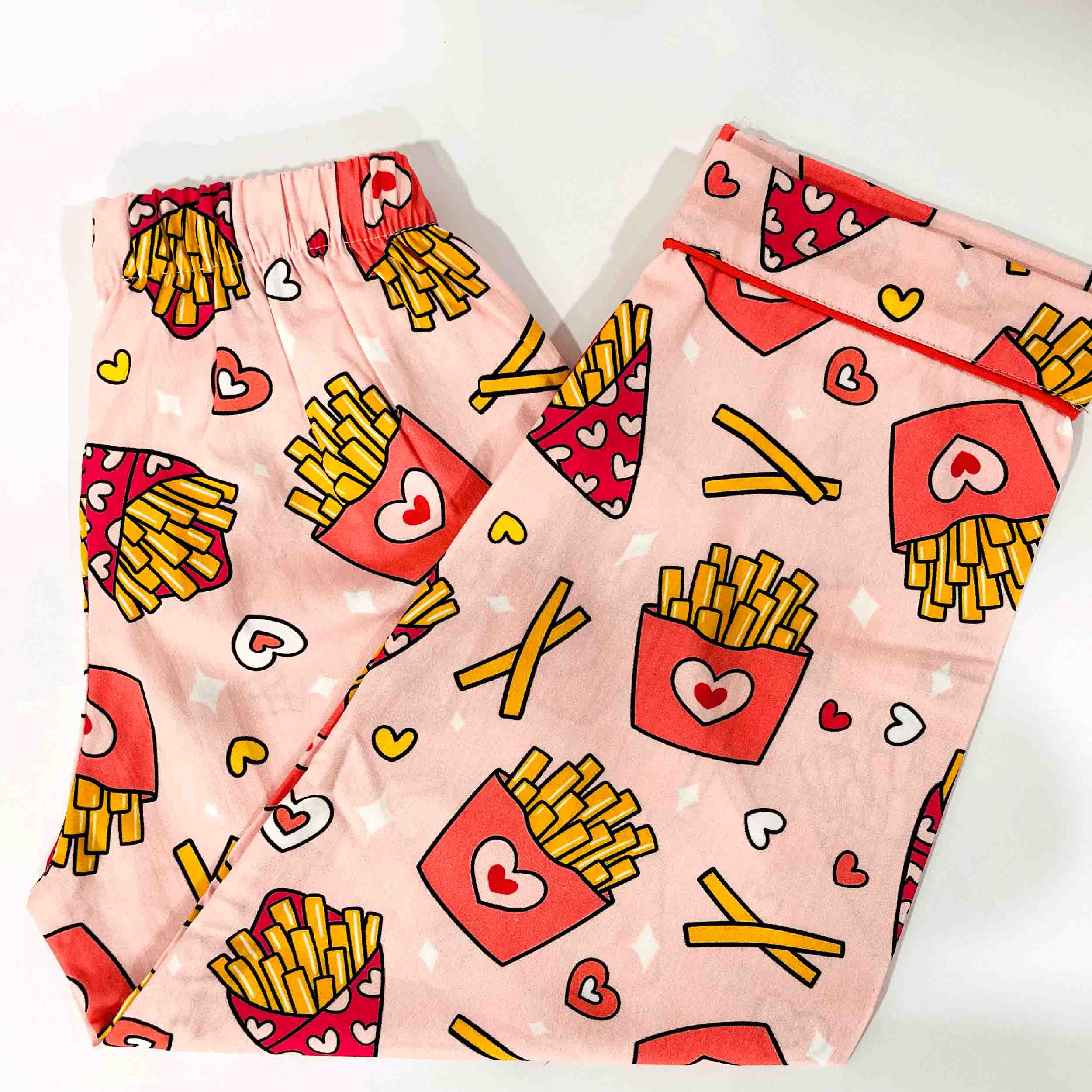 Kids pink french fries print cotton full length pajama elastic waist soft breathable nightwear bottom for boys and girls