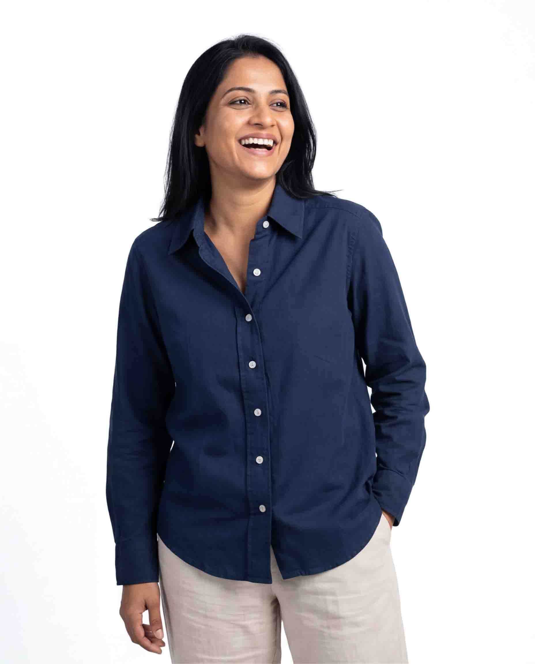 Women's dark blue cotton linen shirt long sleeves casual wear