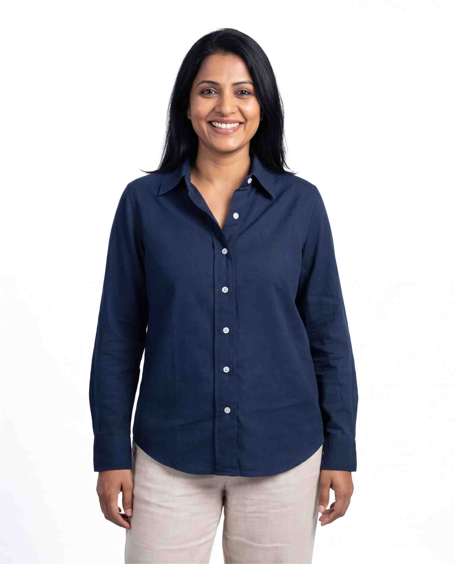 Woman wearing dark blue cotton linen shirt front view casual office wear