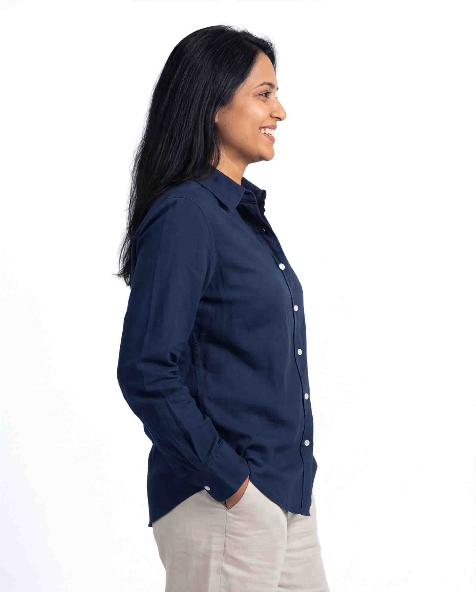 Dark blue cotton linen women's shirt side view comfortable casual outfit