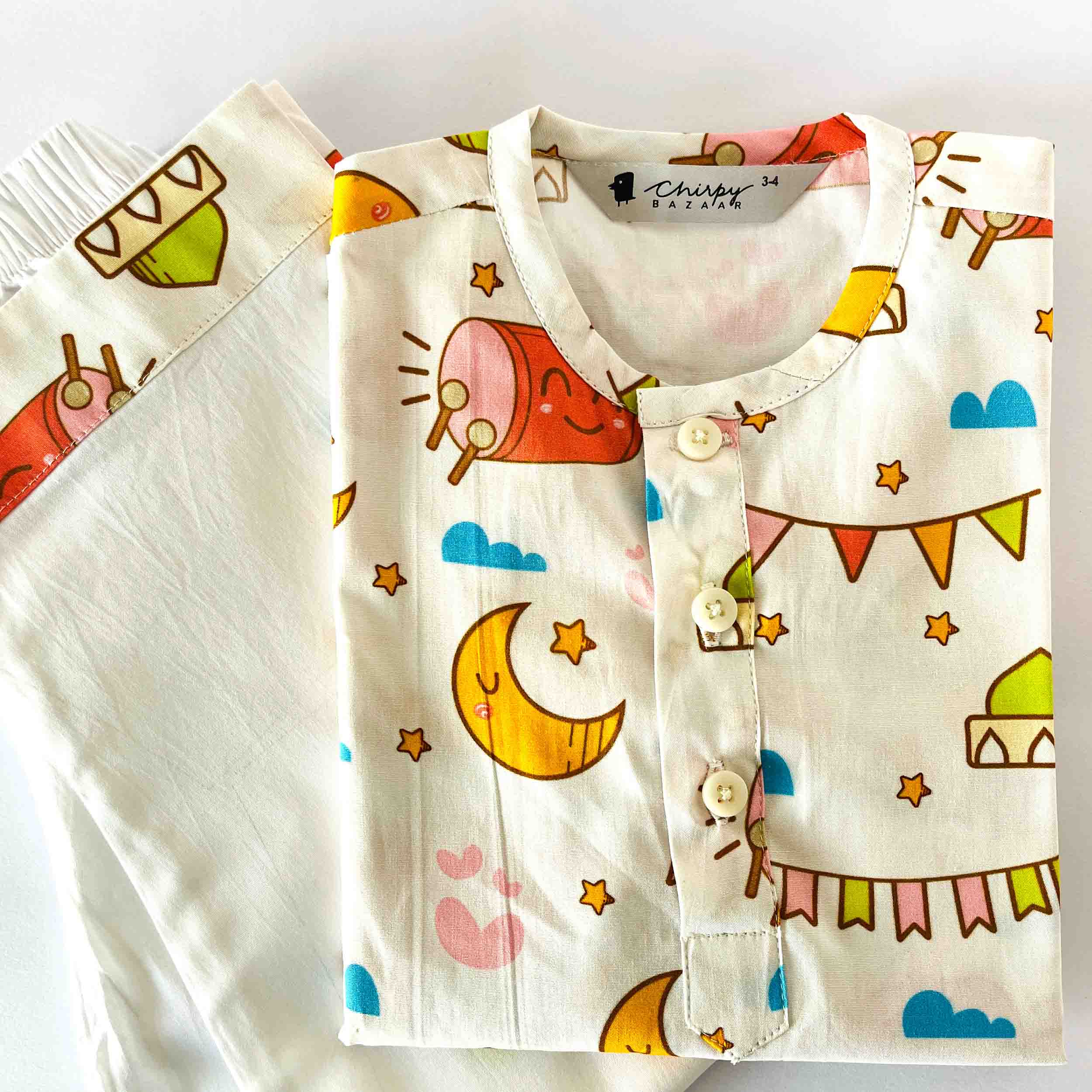 Kids White printed cotton kurta pajama set with festive Eid theme, full sleeve kurta and matching pajama comfortable traditional ethnic outfit for boys and girls