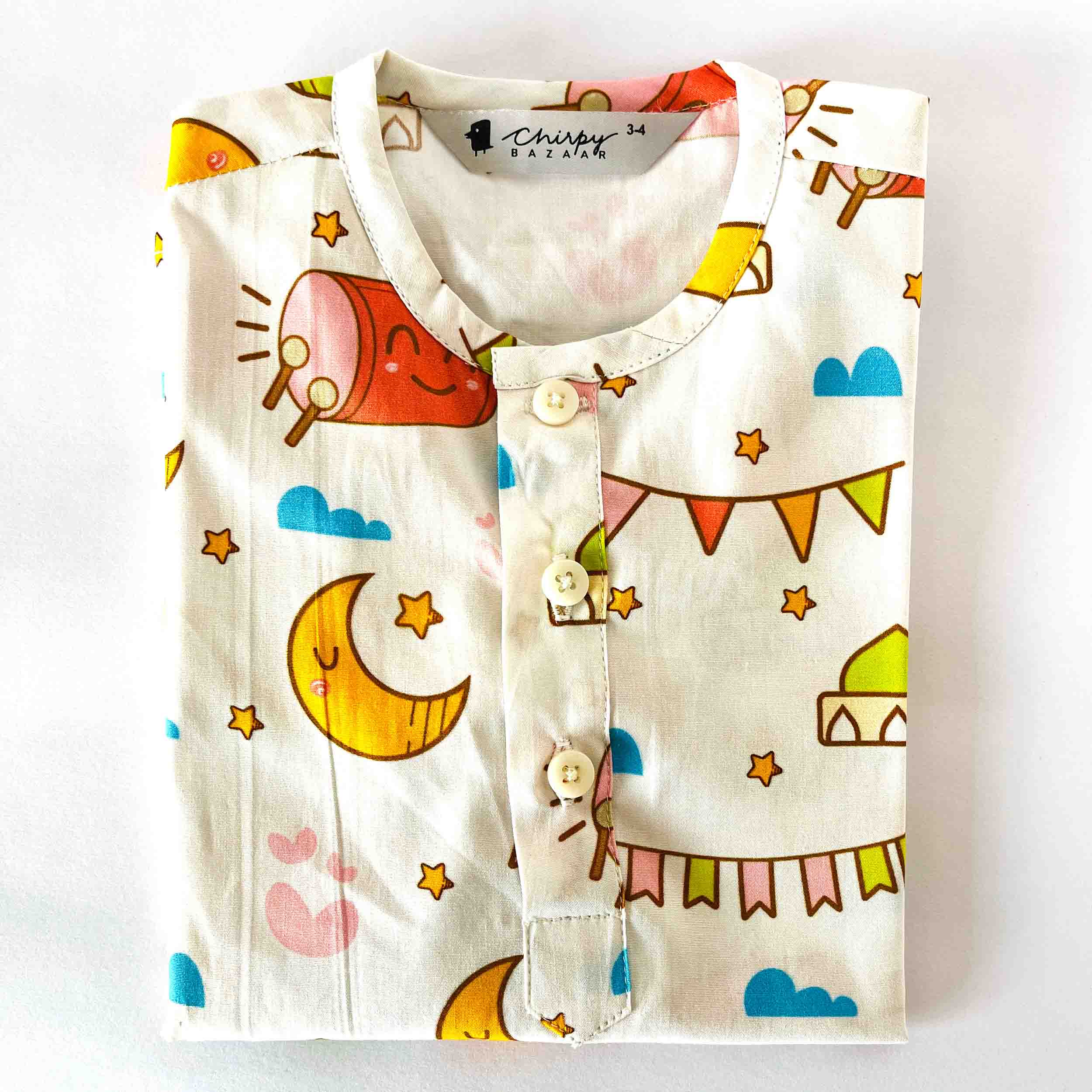Kids White printed cotton shirt with moon and festive all-over print, full sleeve button-down comfortable ethnic style shirt for boys and girls