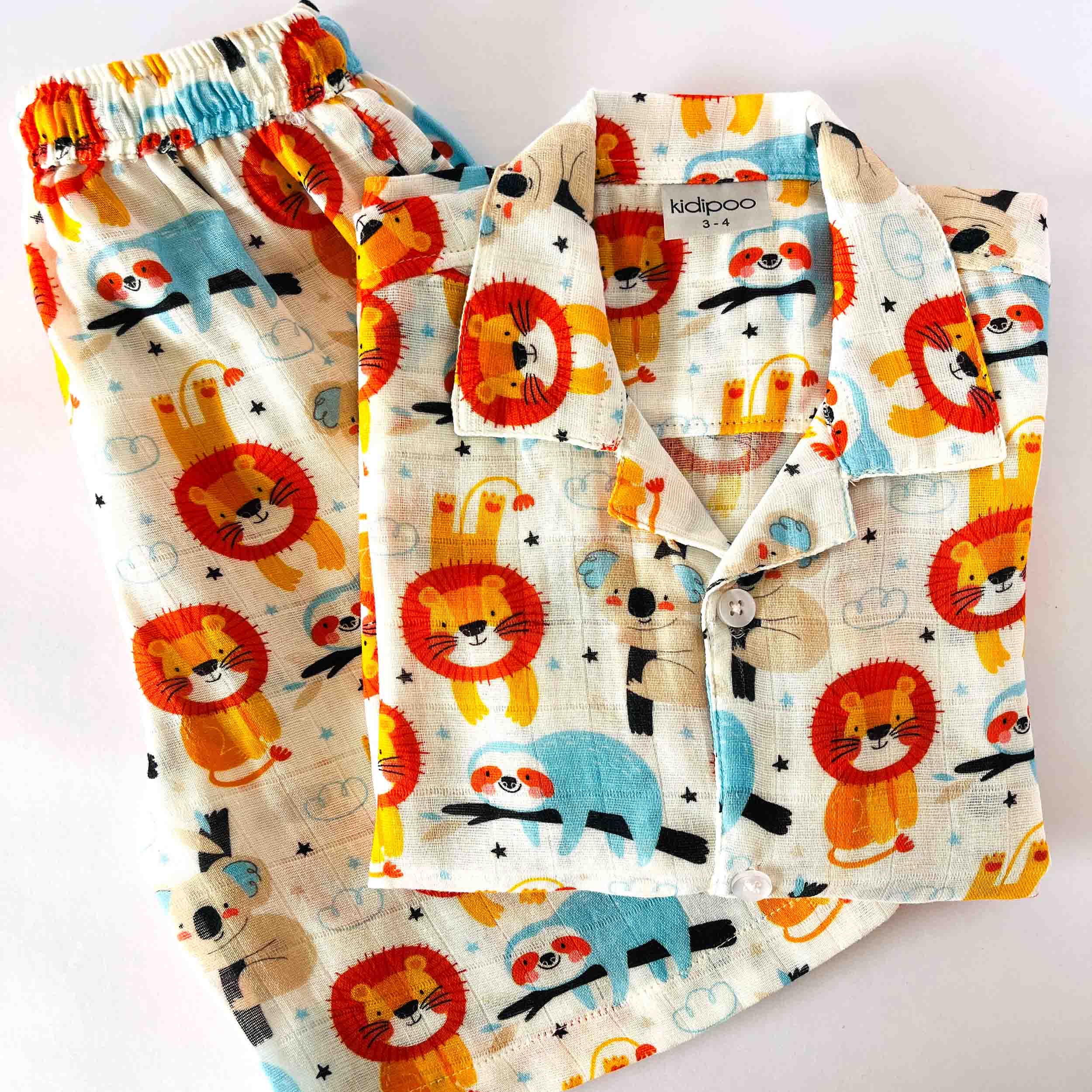 Kids Forest lion print coord set shirt and shorts muslin cotton summer outfit