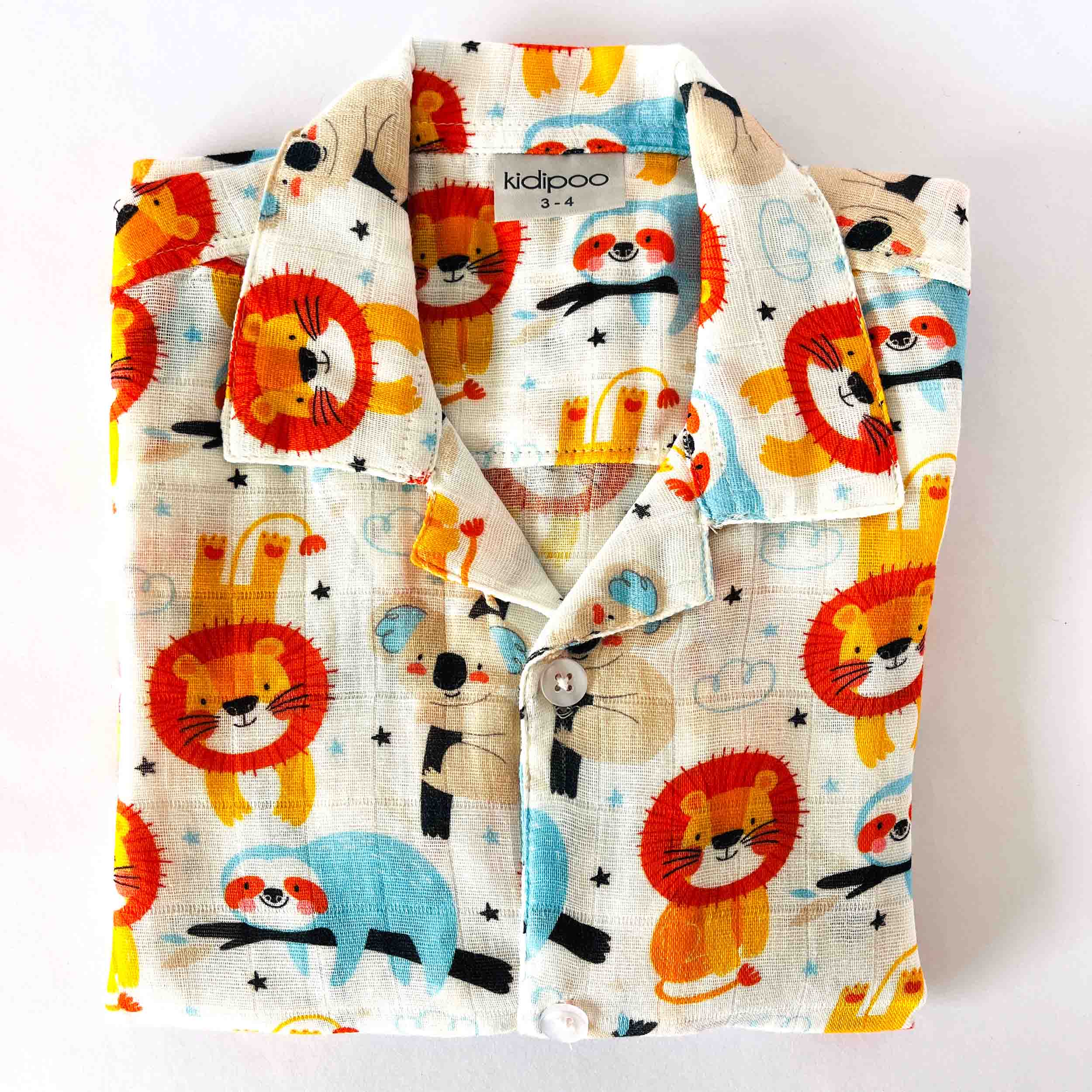 Kids Muslin cotton shirt with forest lion print half sleeve front view