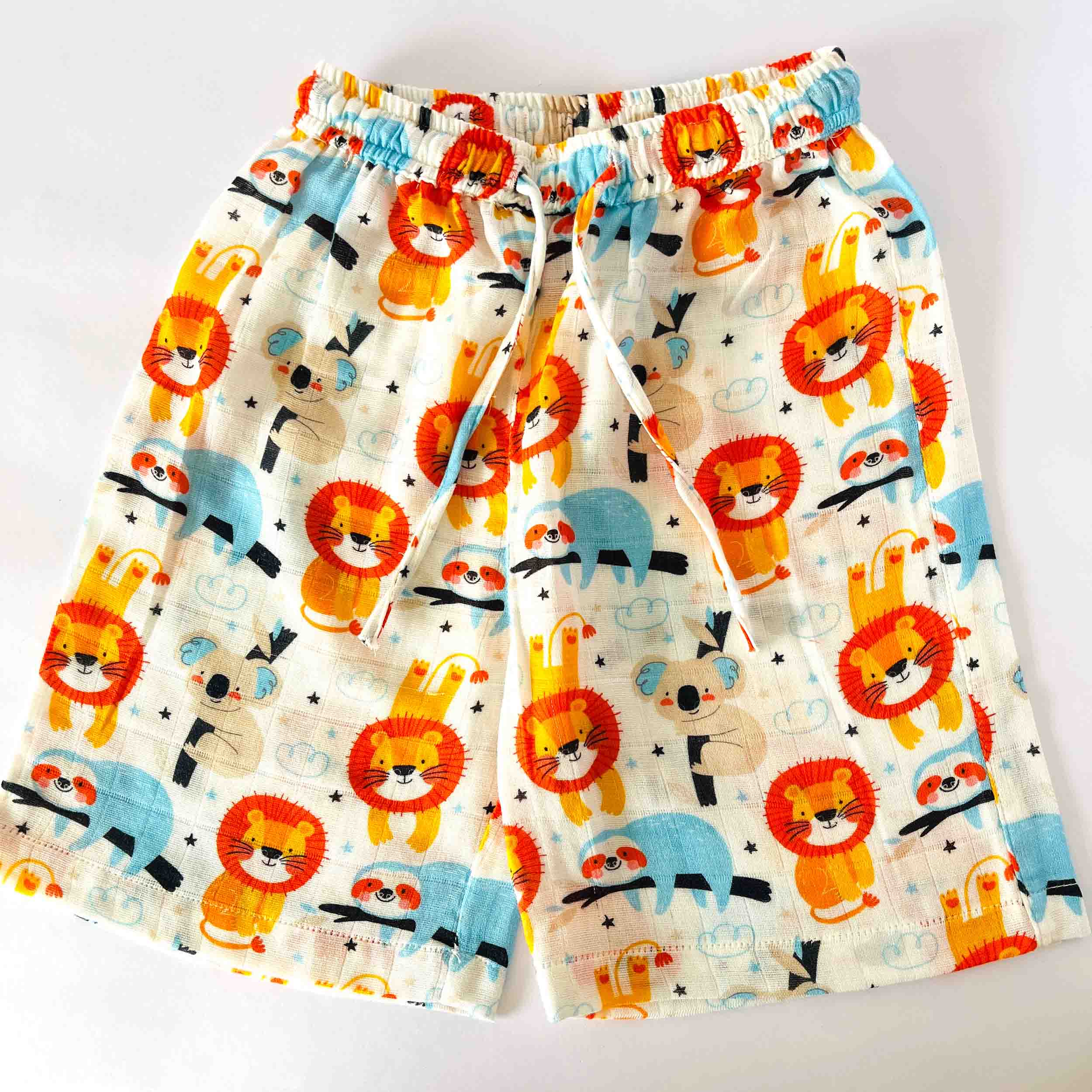 Kids shorts muslin cotton with Forest lion print elastic waist summer wear