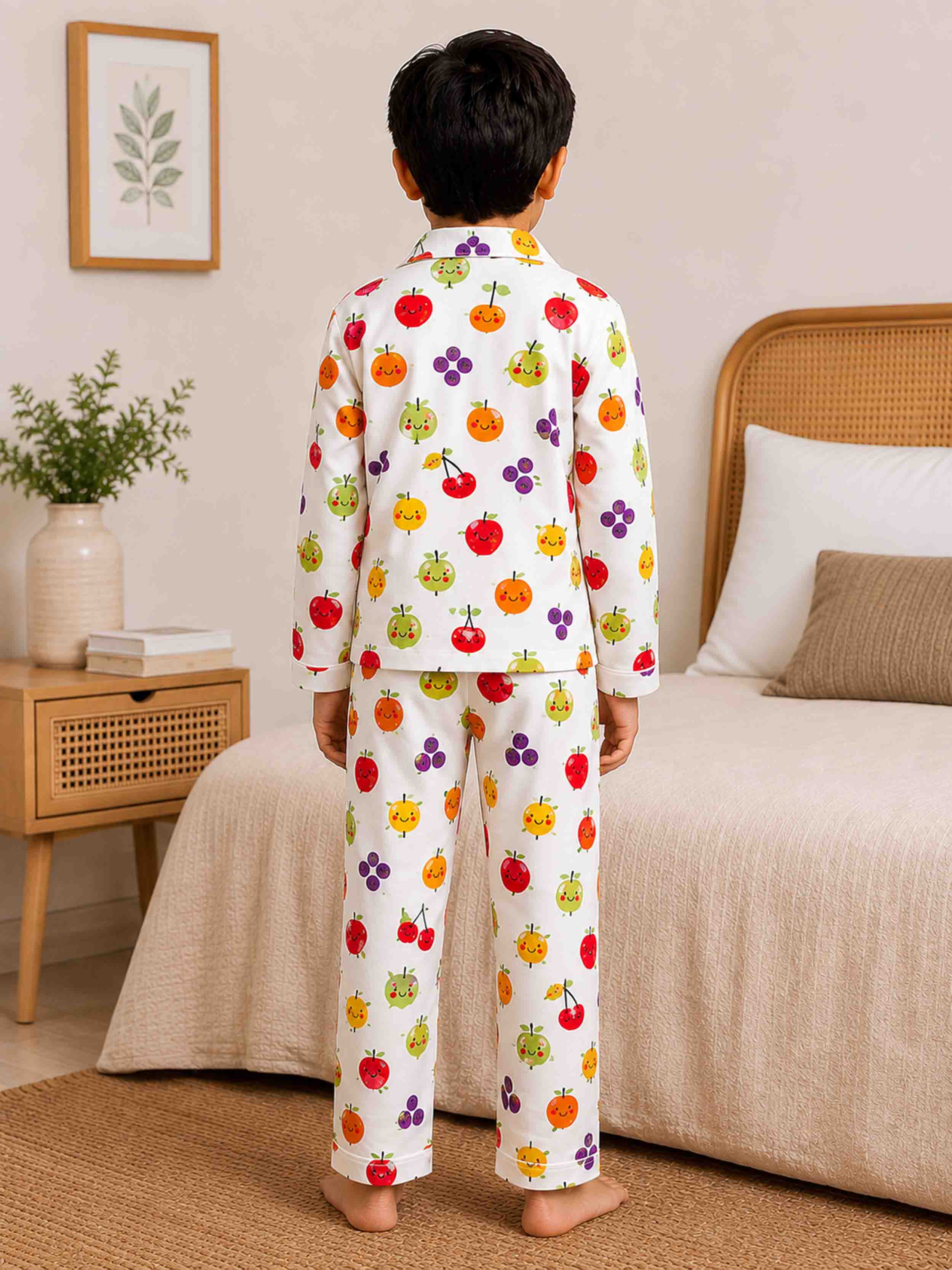 A young boy stands in a bedroom wearing a white long-sleeve pajama set with a colorful fruit print. The pajamas feature red apples, oranges, yellow citrus, purple grapes, and green pears.