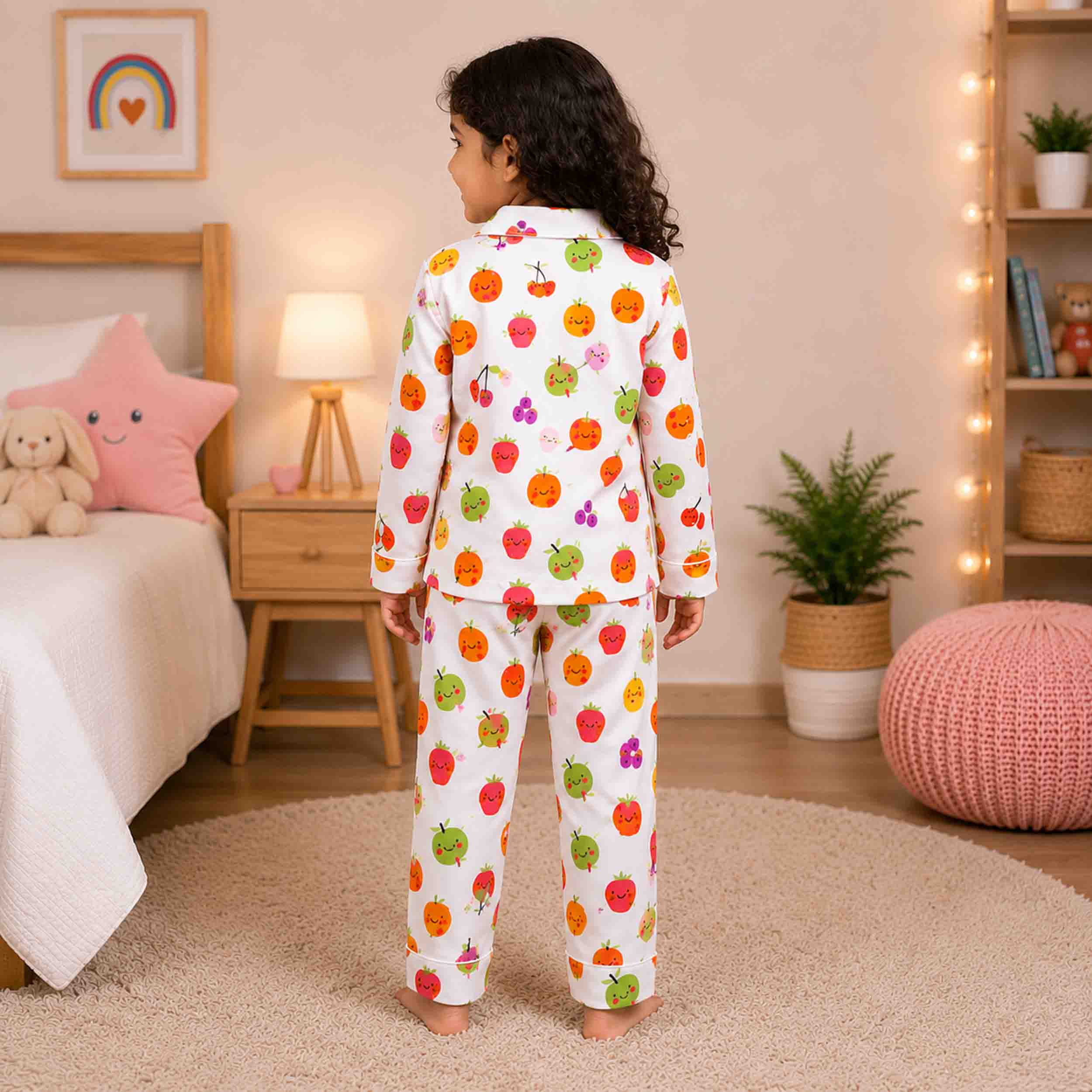 A child stands with their back to the camera wearing a white long-sleeve pajama set with a colorful fruit print, set in a cozy, warmly lit bedroom.