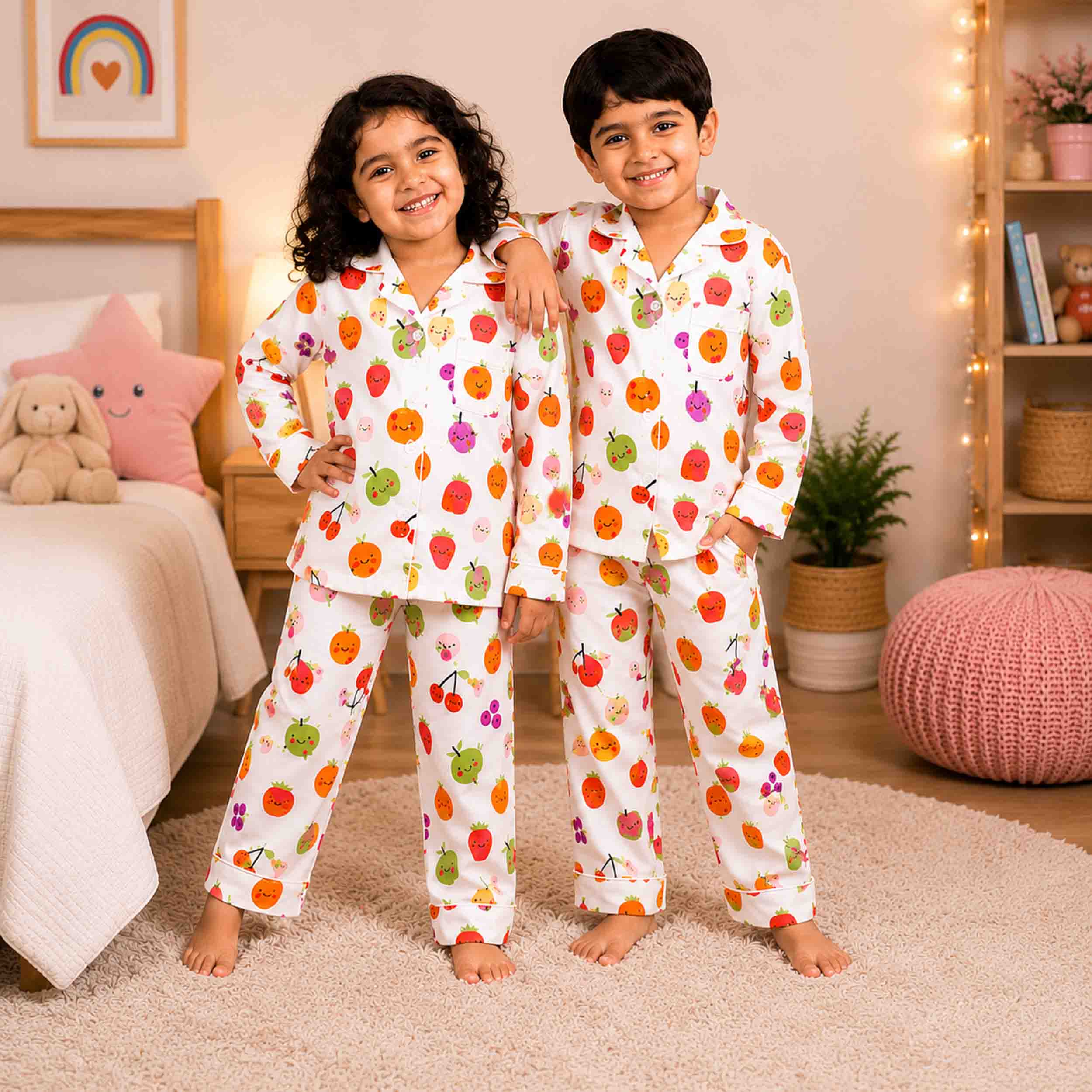 Two children standing in a cozy bedroom wearing matching white long-sleeve pajamas covered in a colorful fruit print, including strawberries, oranges, pumpkins, and cherries.