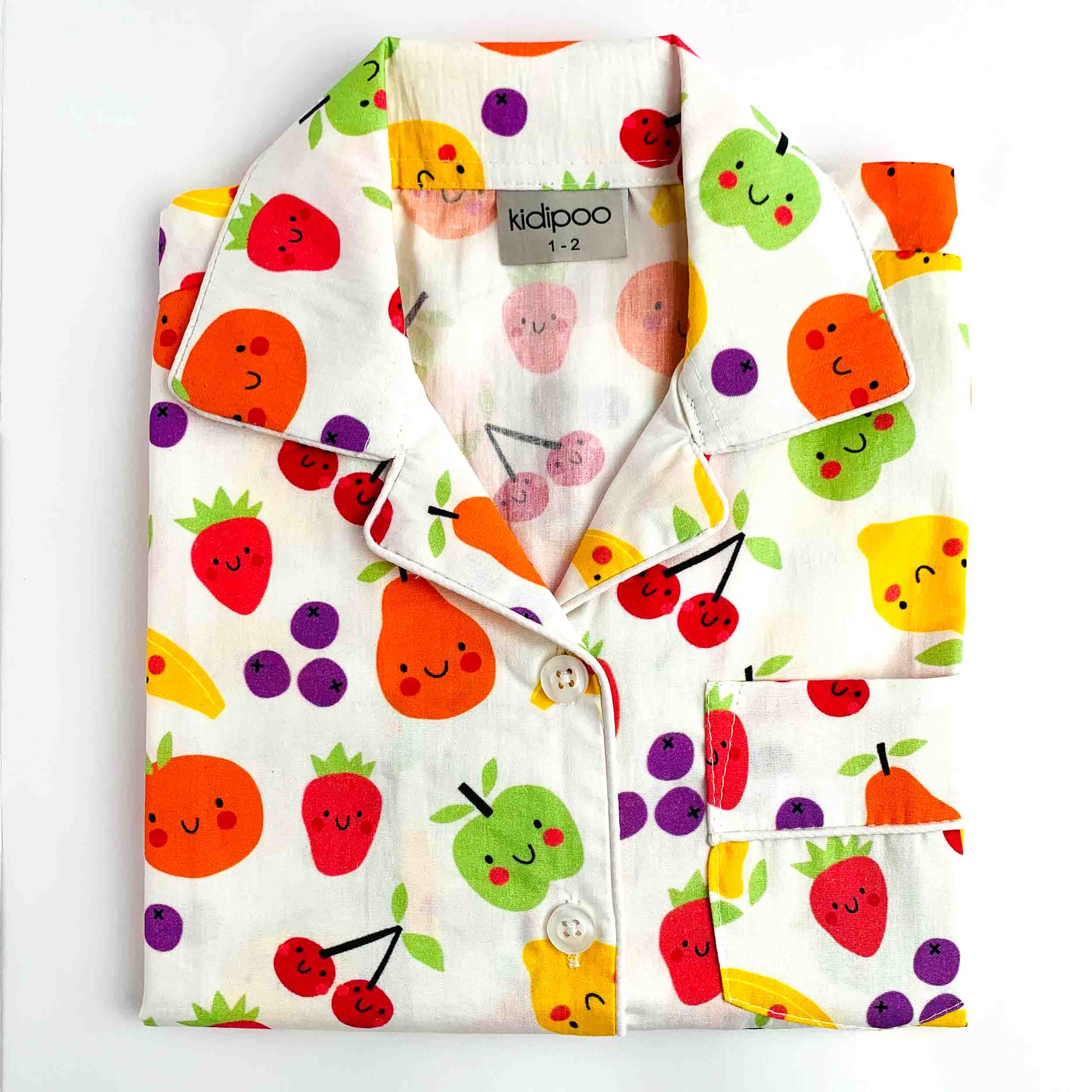 Fruit Face Printed Kids Night Suit Shirt – White Cotton Shirt with Colorful Fruit Print