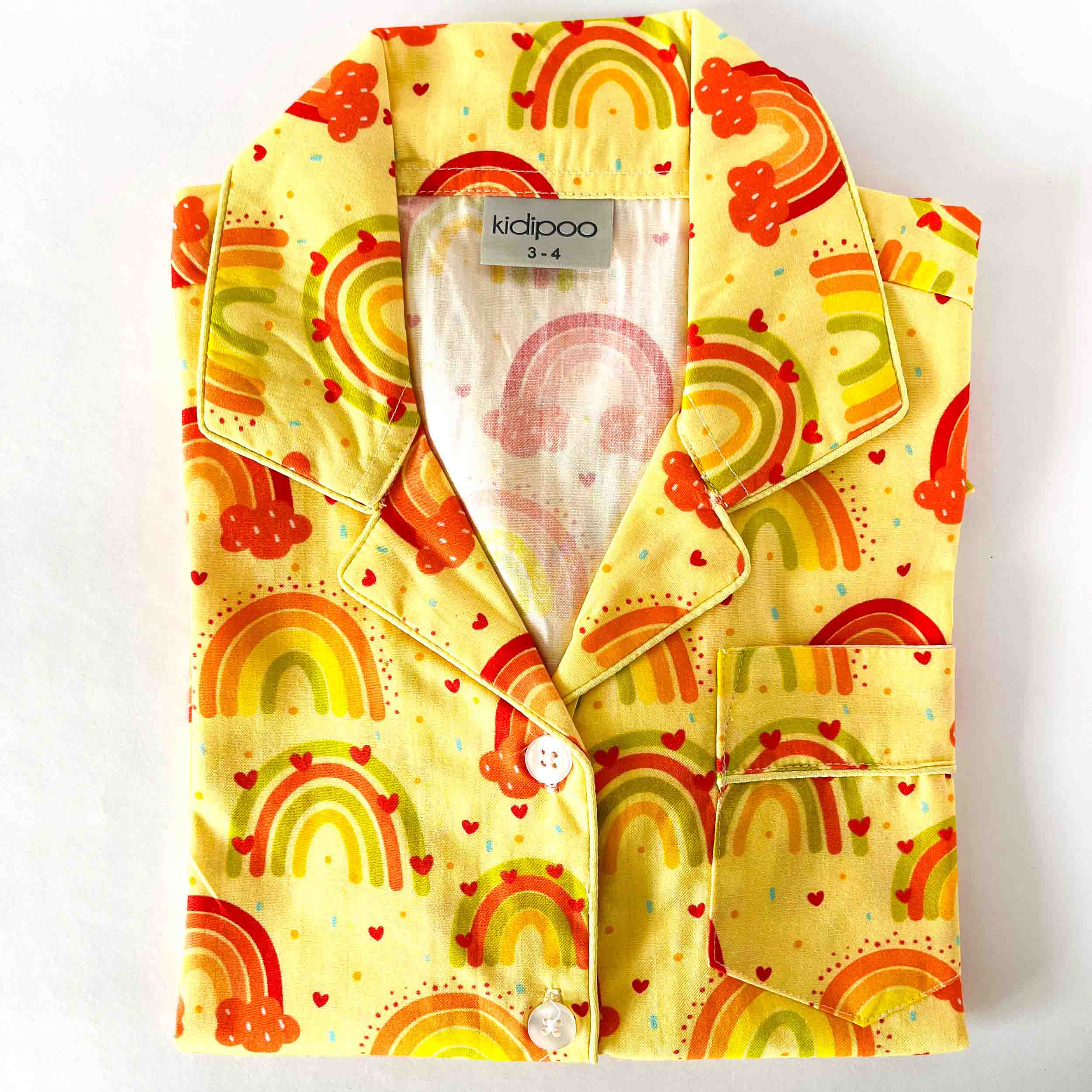 Kids yellow rainbow print night suit shirt front view soft cotton sleepwear top