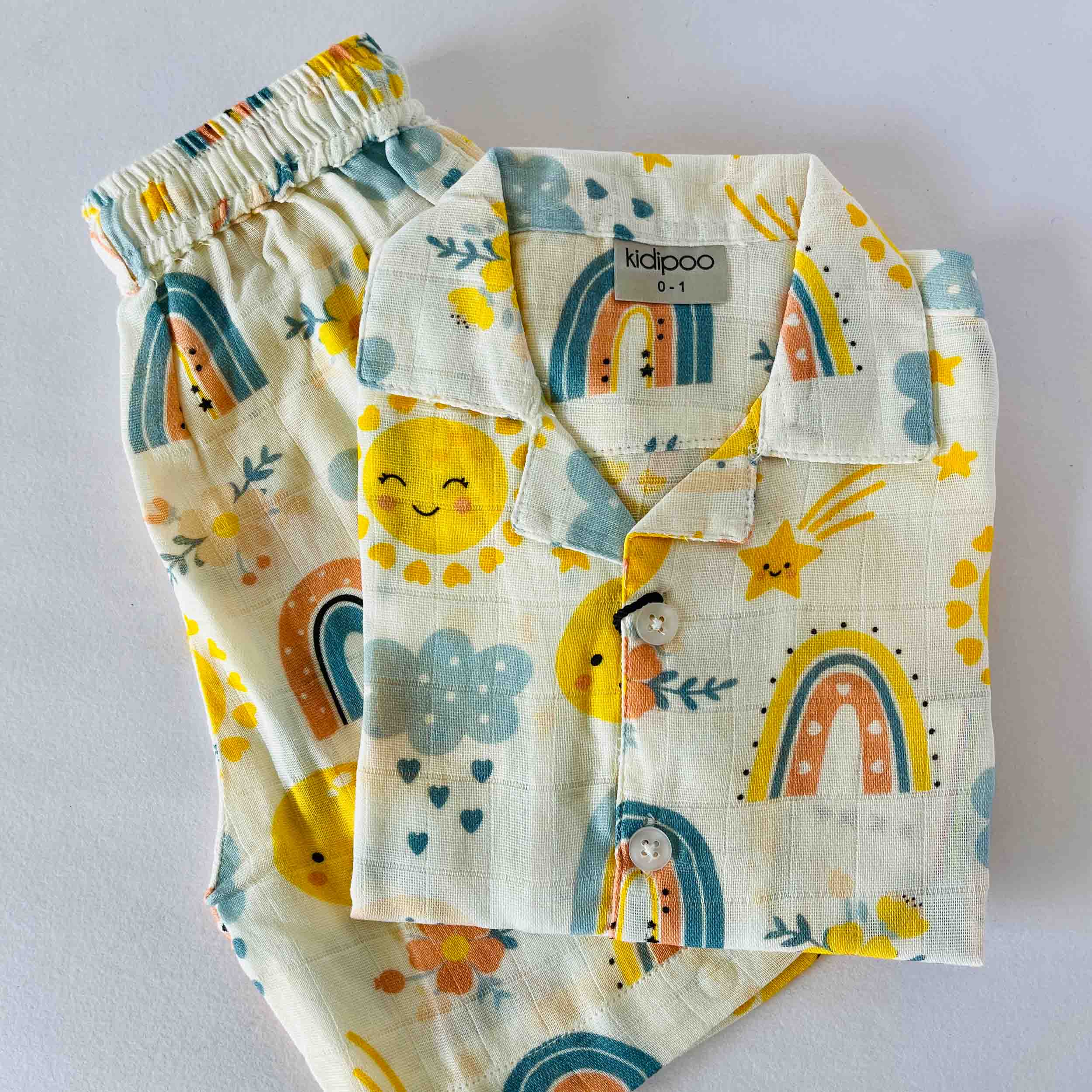 Kids muslin coord set with rainbow and sun print shirt and shorts summer outfit