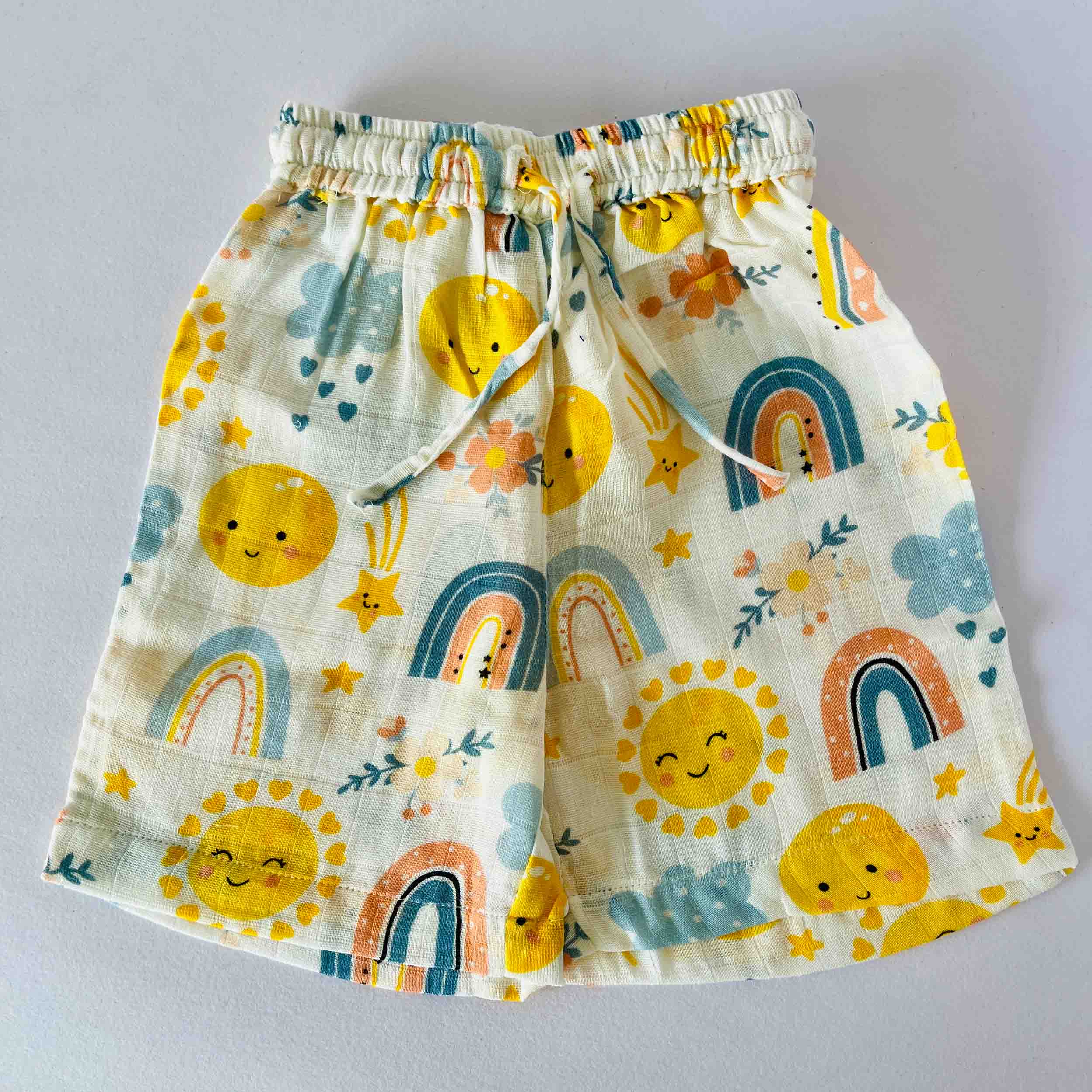 Kids muslin cotton coord set shorts with rainbow print elastic waist summer wear