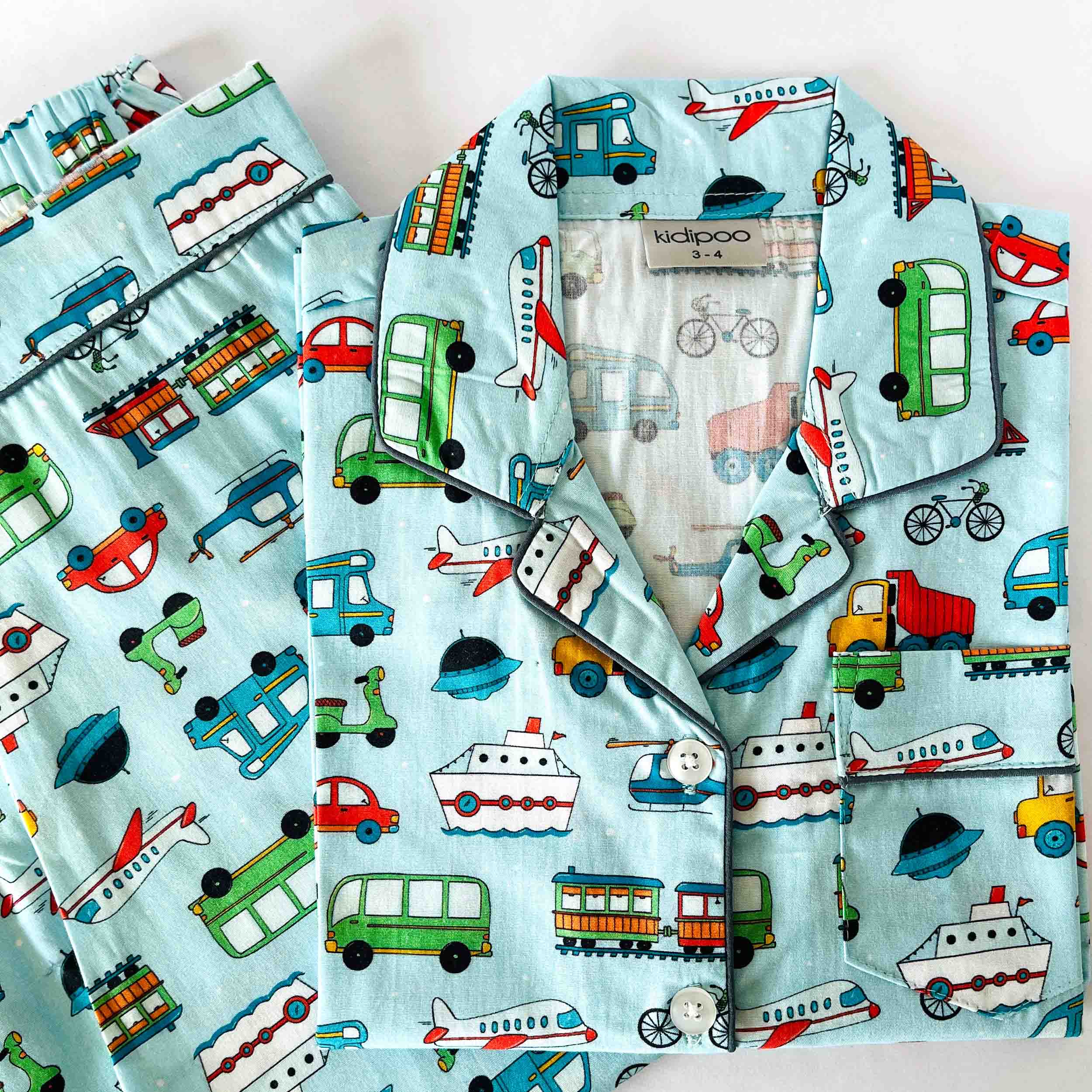 Kidipoo kids transport vehicles print cotton night suit set with front button shirt and pajama soft comfortable sleepwear