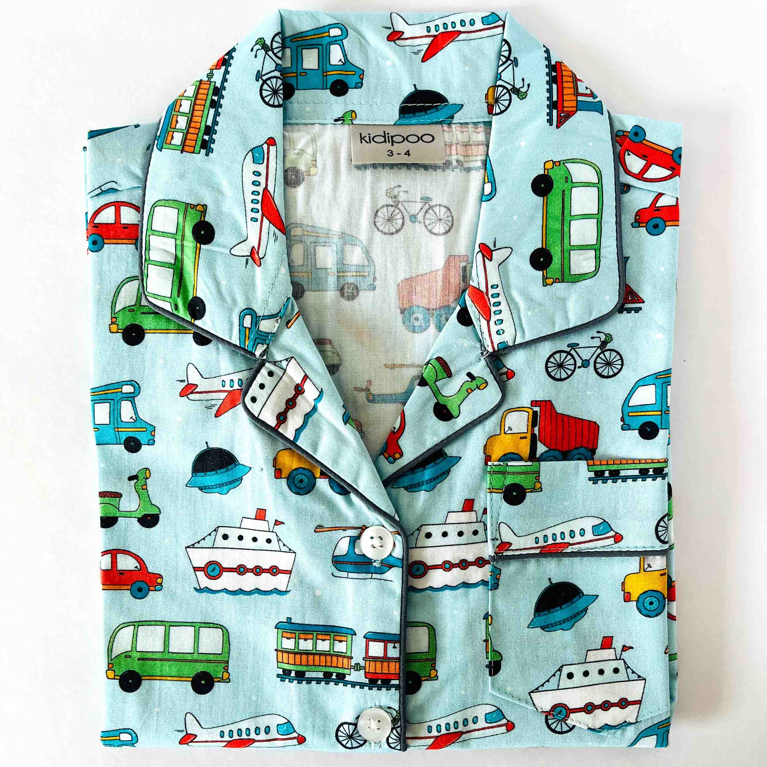 Kidipoo kids transport vehicles print cotton night suit shirt front button kids sleepwear top