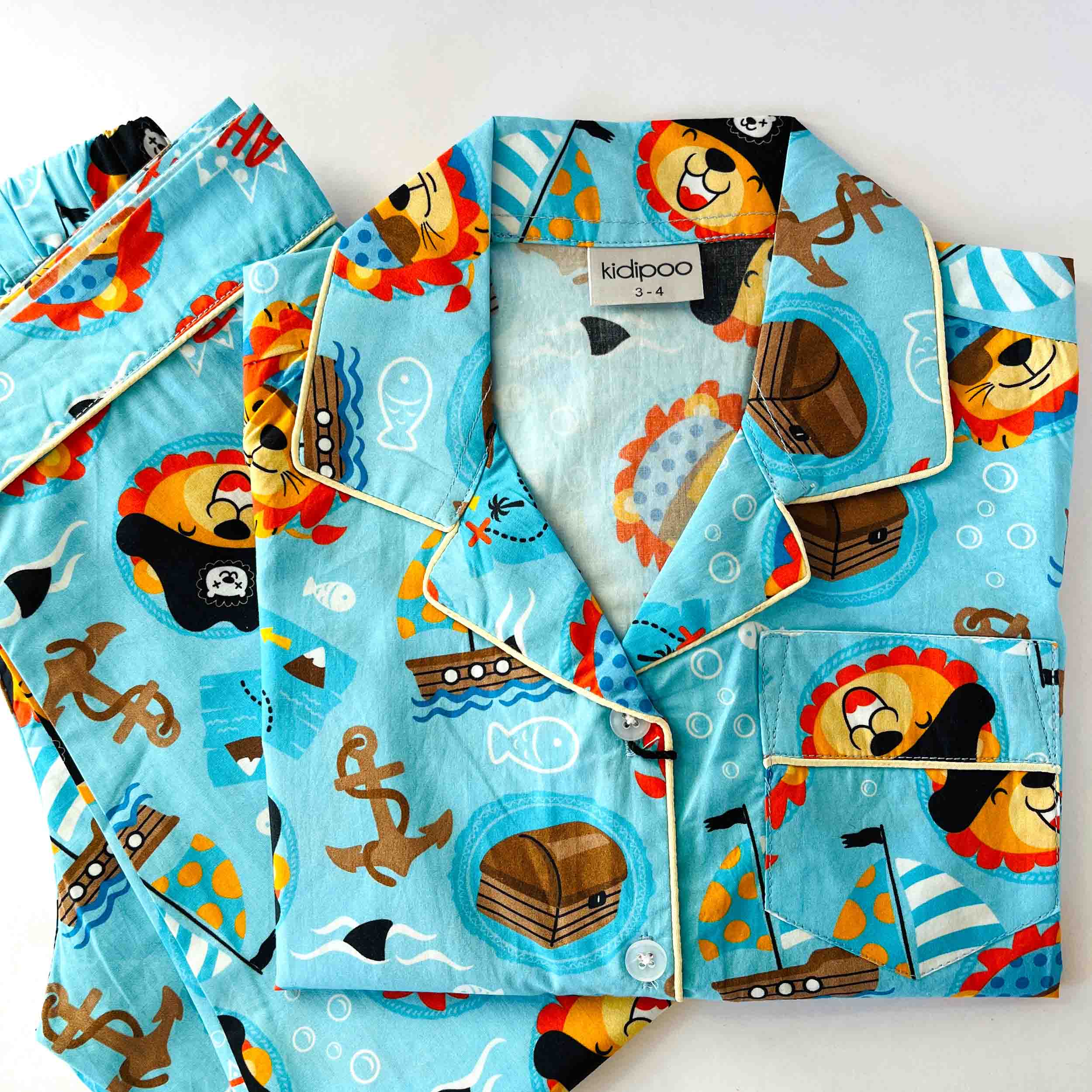 kidipoo kids pirates print cotton night suit set with front button shirt and pajama soft comfortable sleepwear