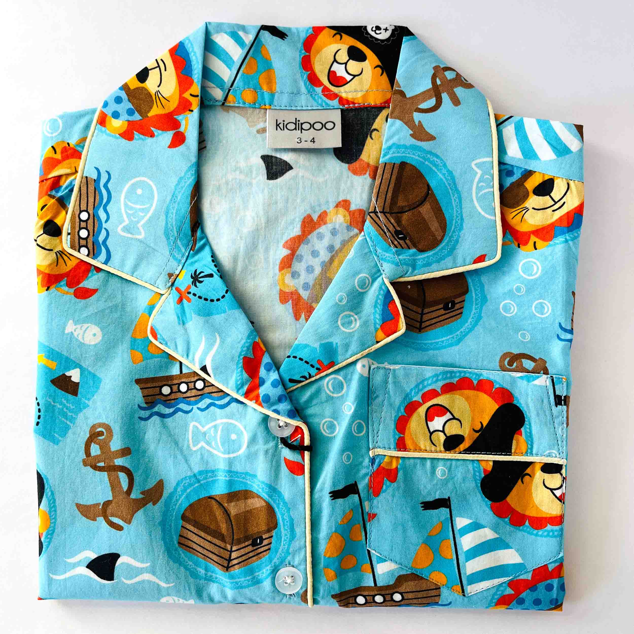 Kidipoo kids pirates print cotton night suit shirt front button sleepwear top