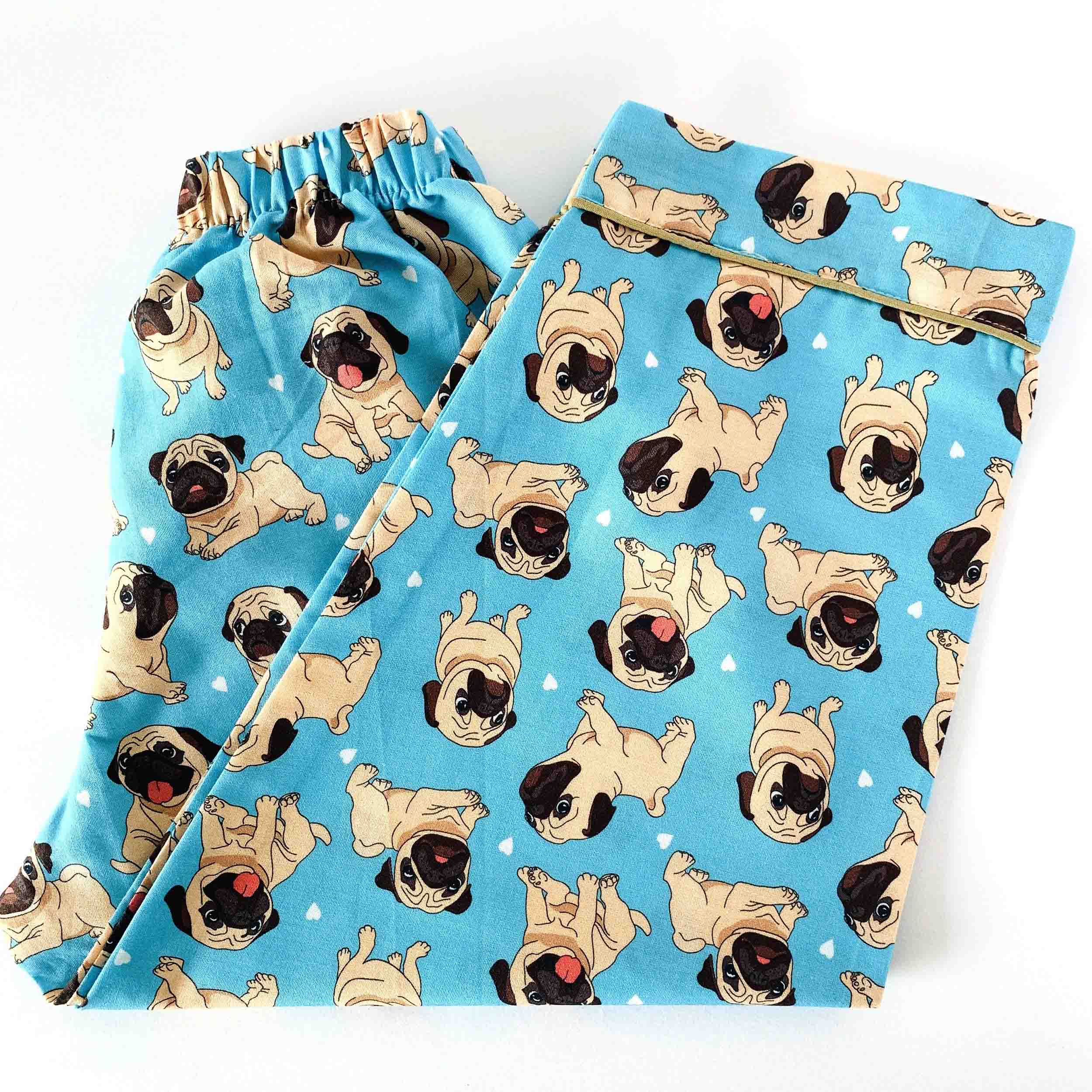 Pajama set with pug pattern on a blue background