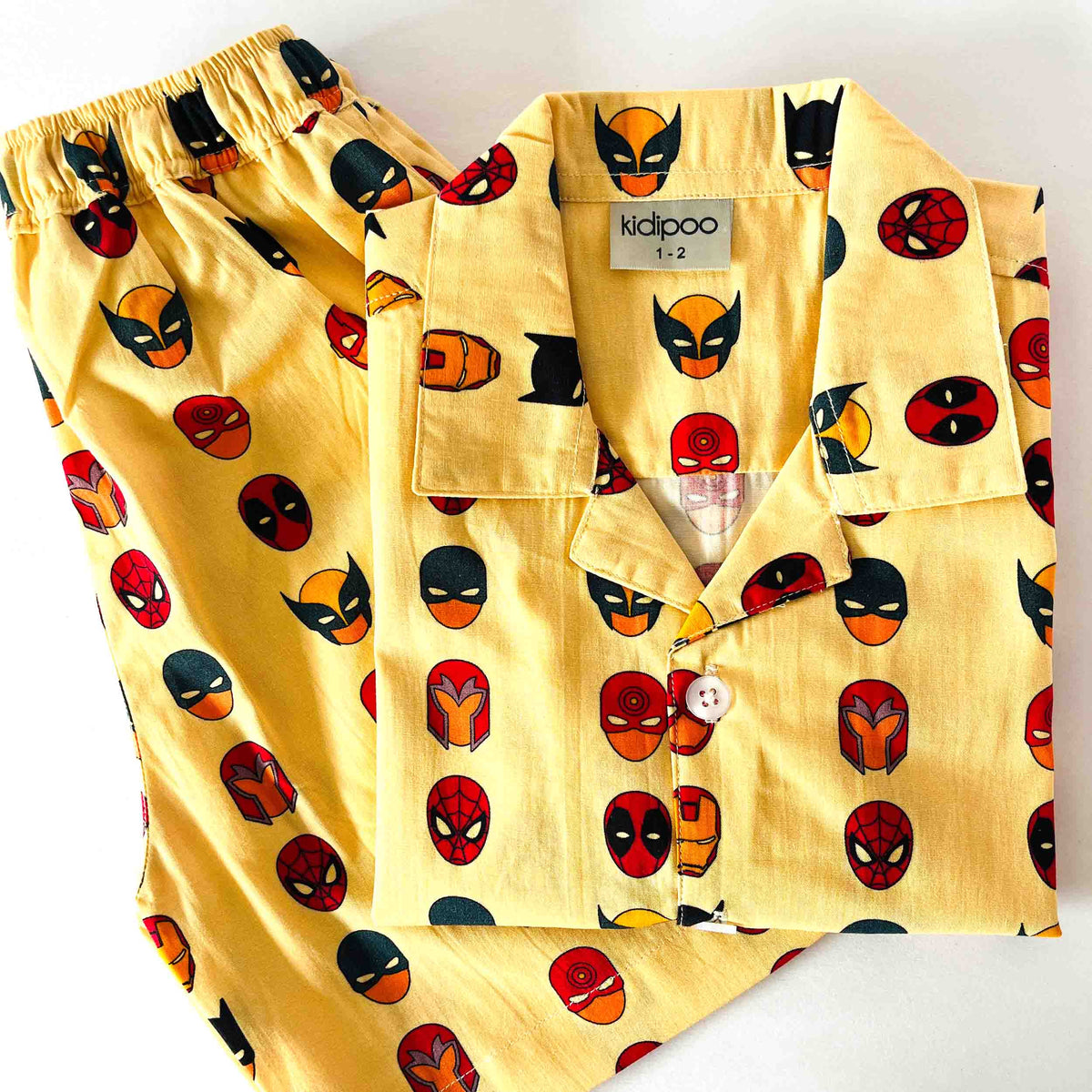 Kids superhero print co-ord set yellow cotton shirt and shorts summer outfit