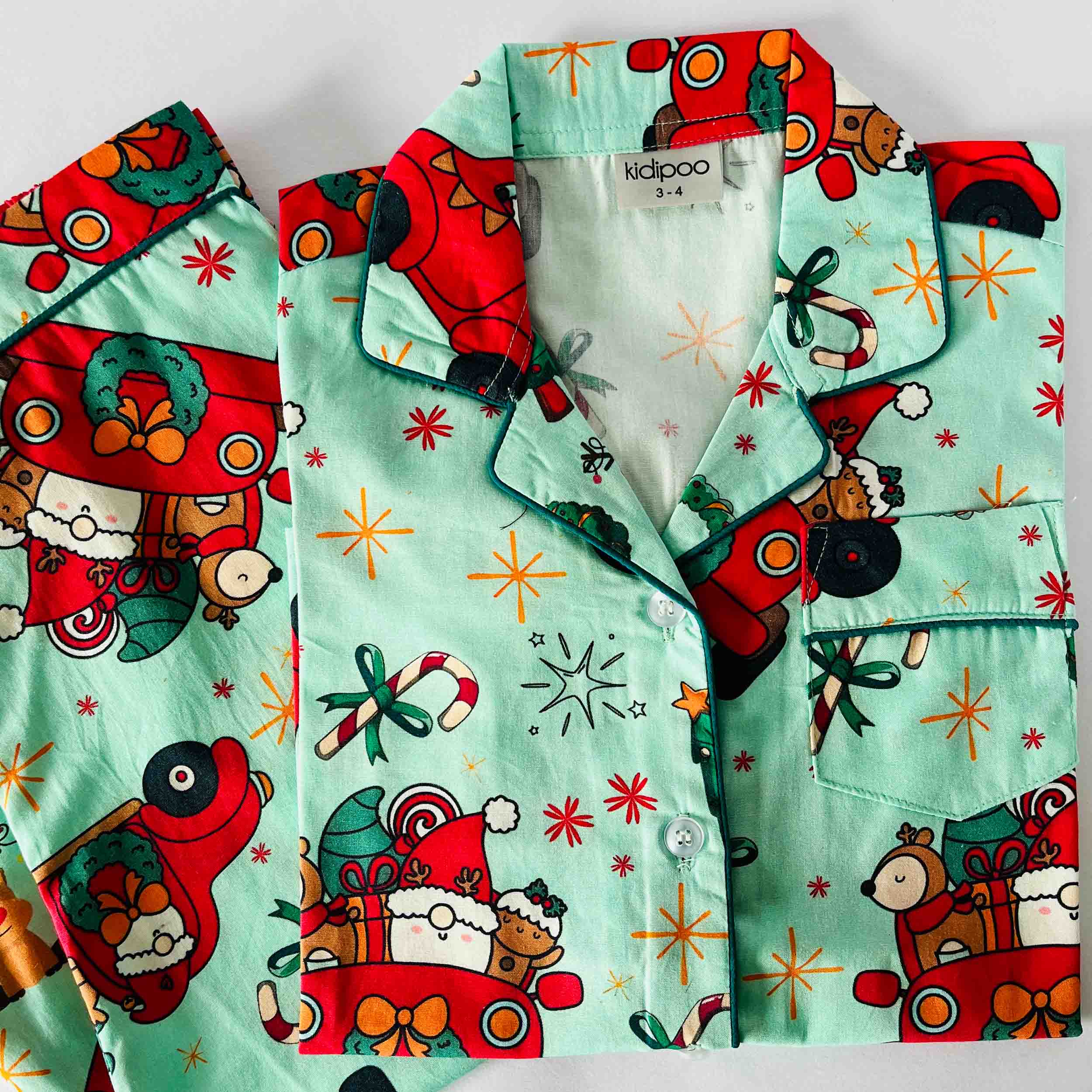 Kidipoo kids green Christmas Santa car print cotton night suit set with front button shirt and pajama soft comfortable sleepwear