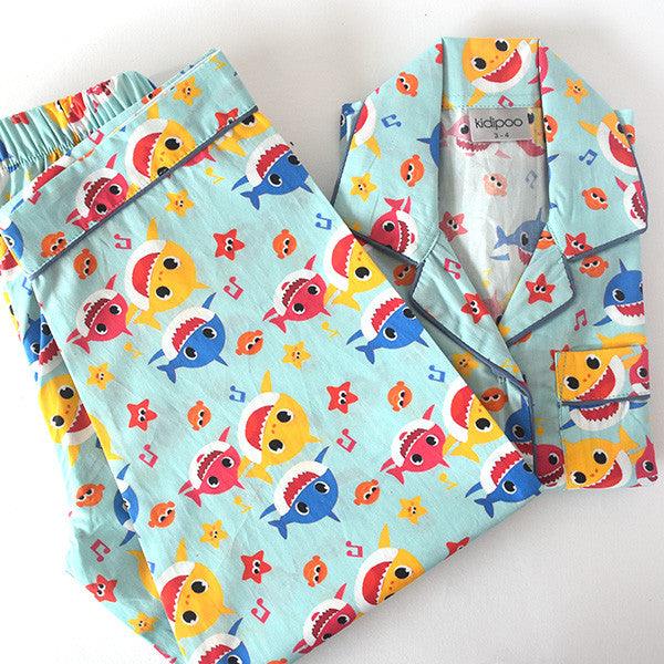 Kidipoo kids shark and sea creatures print cotton night suit set with shirt and pajama soft comfortable sleepwear