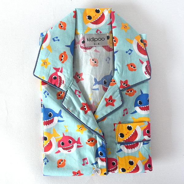 Kidipoo kids shark print cotton night suit shirt front button sleepwear top