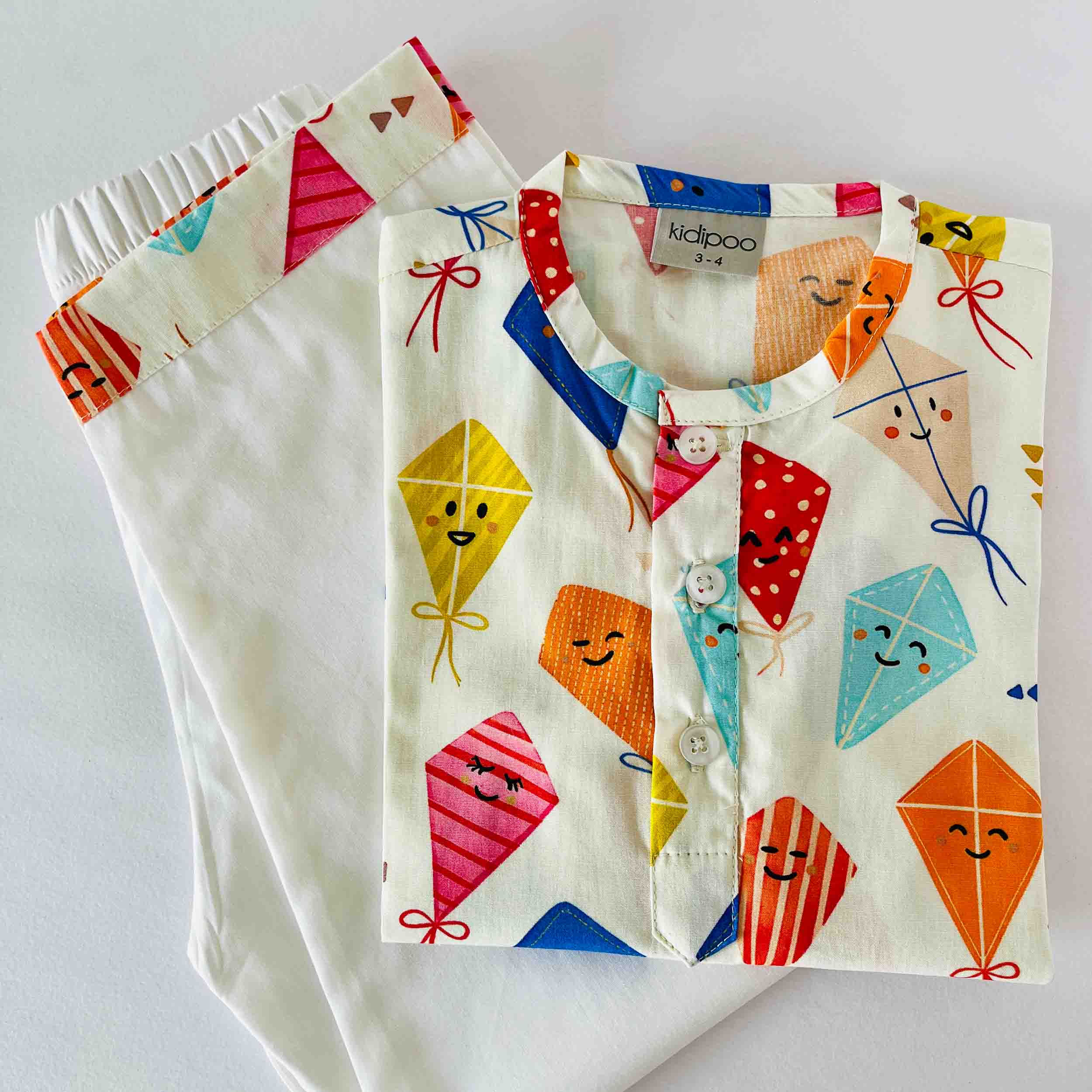 Kids multicolor kite print cotton full sleeve kurta with white pajama soft breathable festive ethnic outfit set for boys and girls