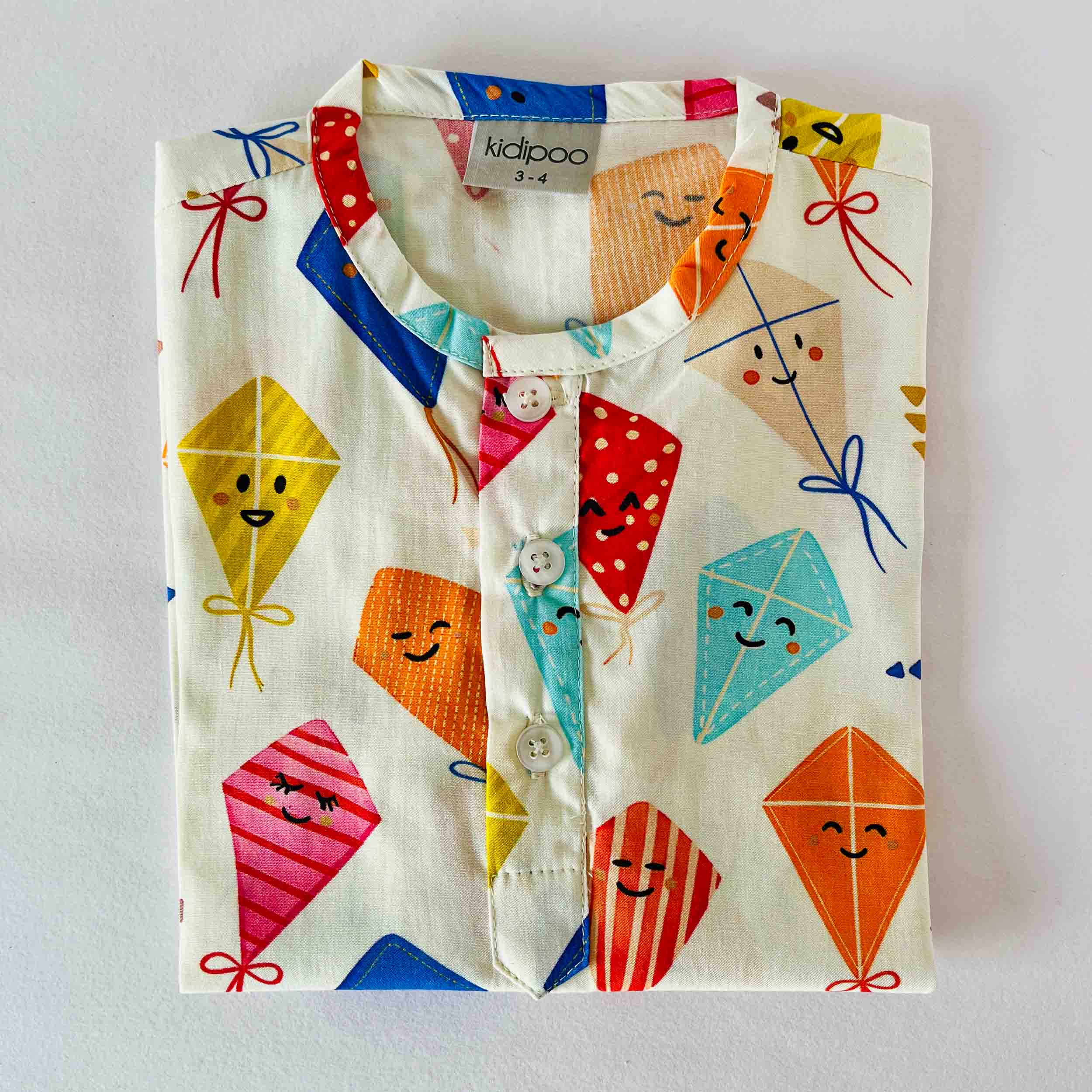 Kids multicolor kite print cotton full sleeve kurta soft breathable festive ethnic shirt for boys and girls