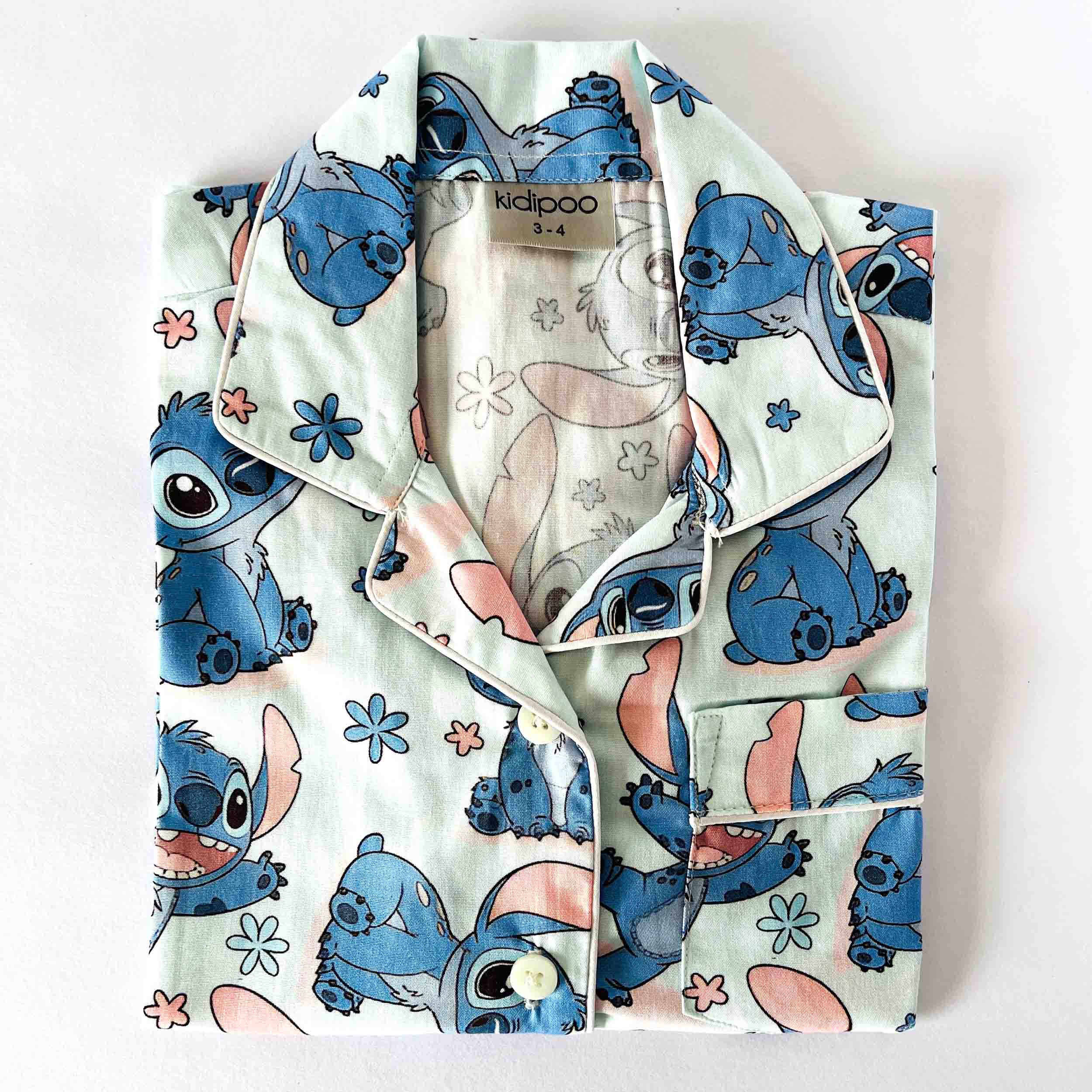 Kids light blue Stitch print cotton night suit shirt with long sleeves button-down front and pocket soft breathable sleepwear