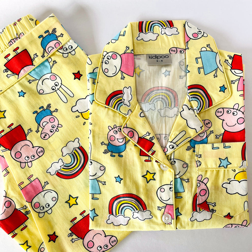 Yellow Cotton Kids Night Suit Peppa Pig Design