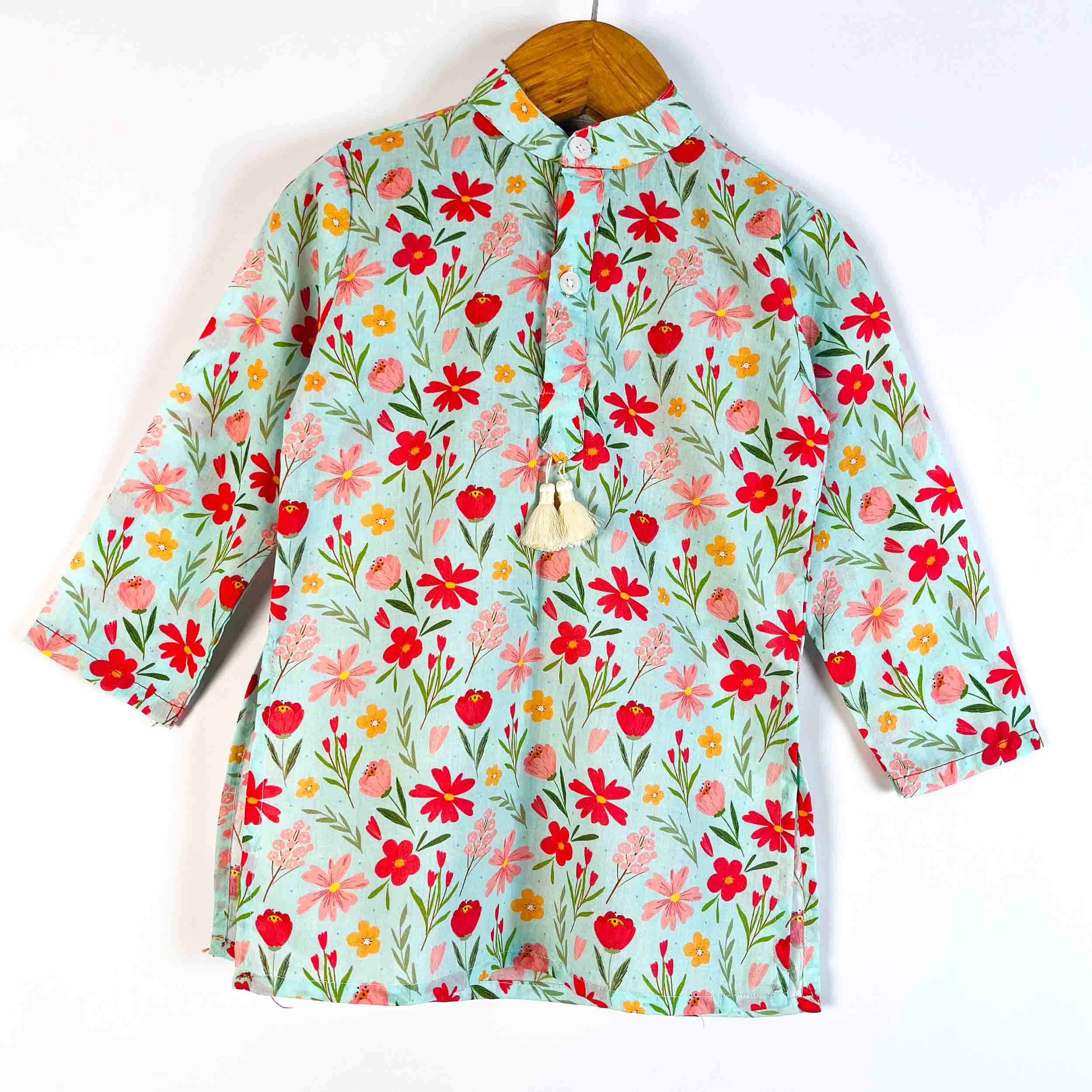 Front view of boys Mint Blossom printed cotton kurta with full sleeves and mandarin collar