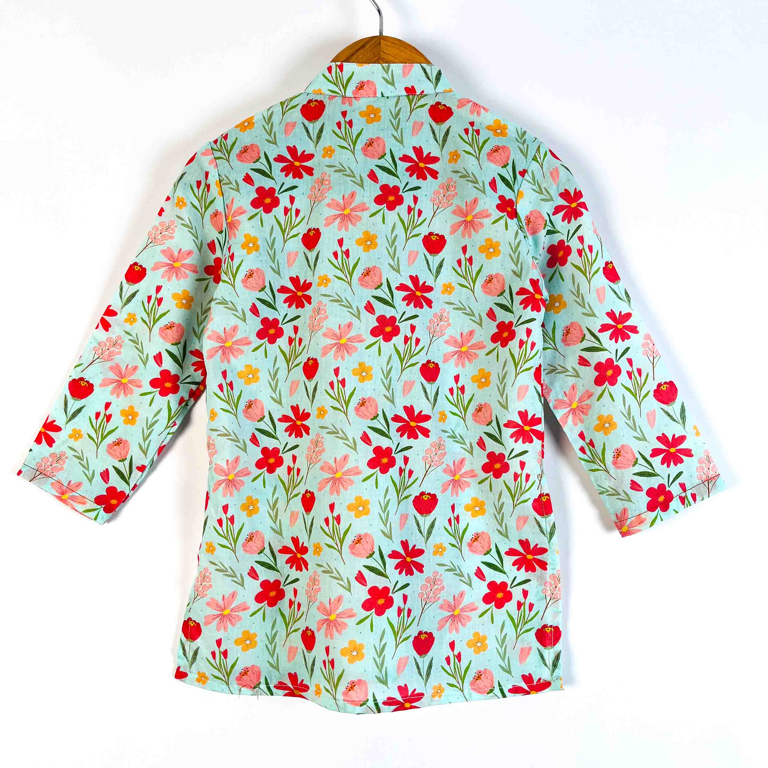 Back view of boys Mint Blossom printed cotton kurta with full sleeves and mandarin collar